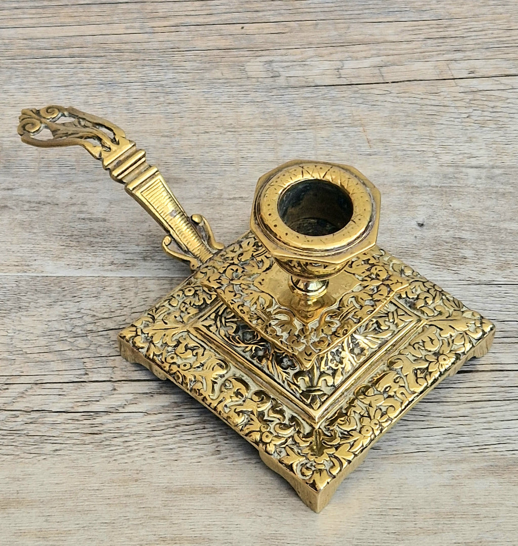 Fine French Antique Rococo Solid Brass Square Tiered Footed Chamberstick