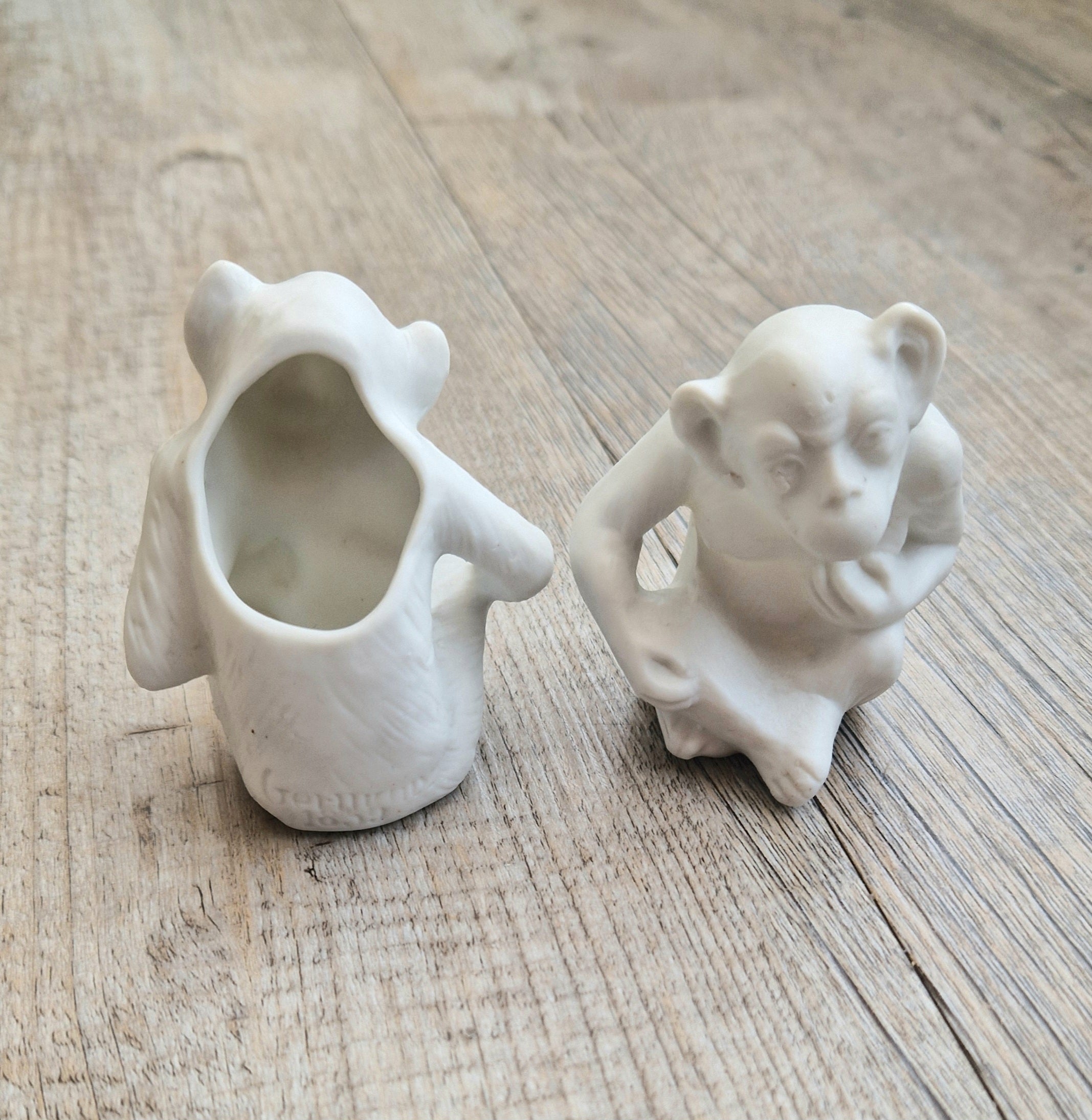 Antique Parian Ware Chimpanzee Match Holders: Stamped Germany 1859
