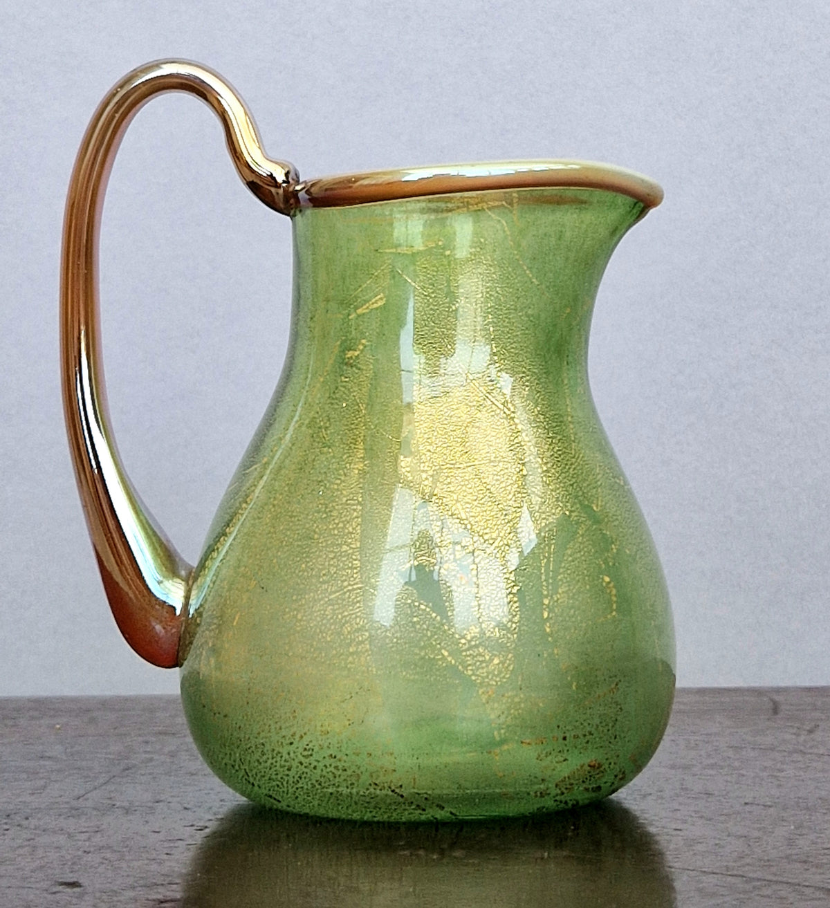 Antique Probable Salviati Dott. Murano Glass Jug, Green Gold Leaf, Venetian c.1875–1890, Handblown 13.5cm Rare