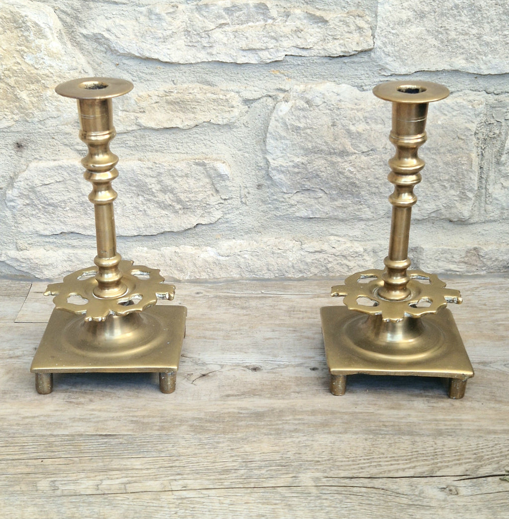 18th Century Solid Turned Brass Russian Sabbat Candle Holder Sticks Very Rare