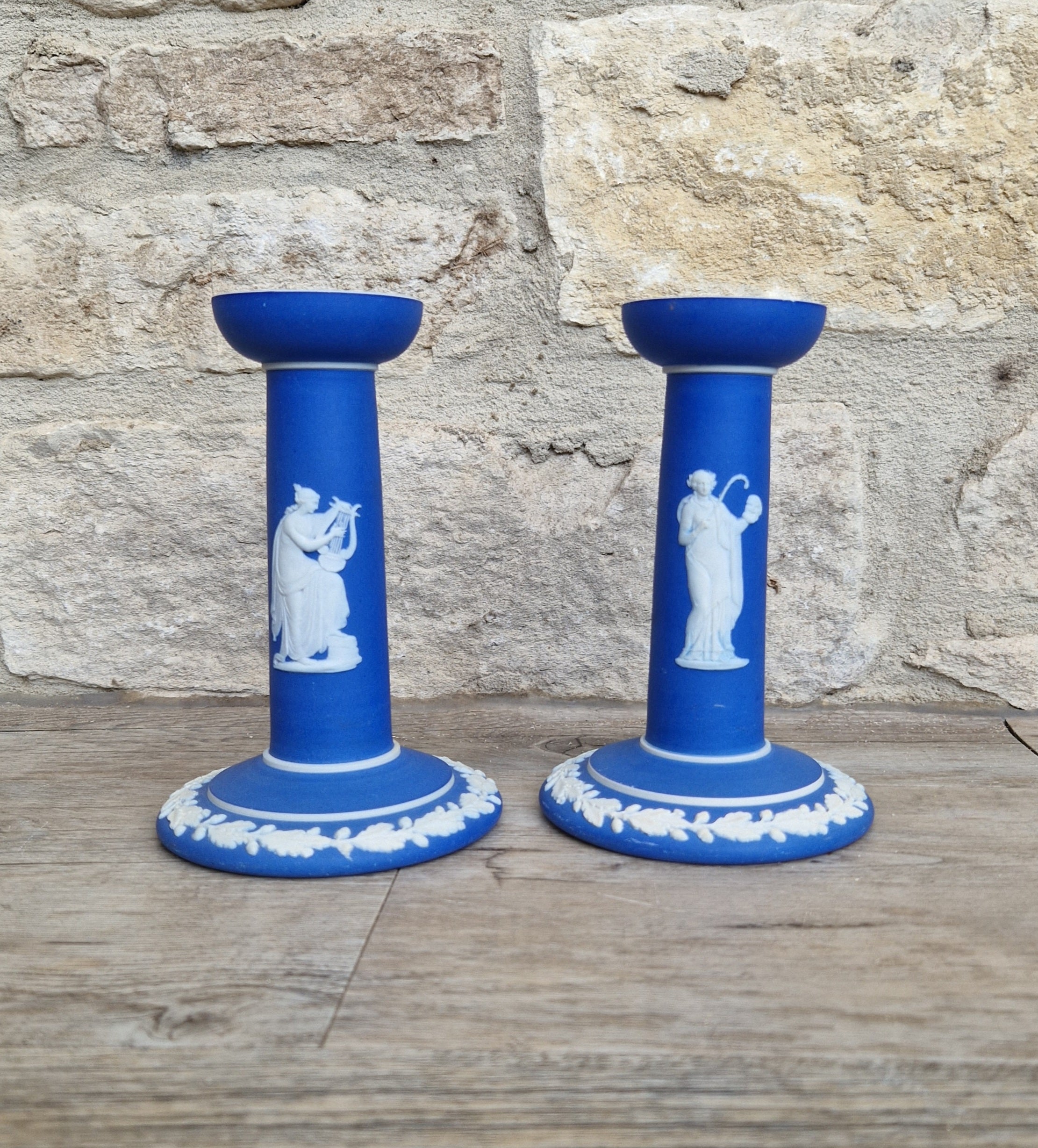Vintage Wedgwood Jasperware Candlestick Pair: Dark Blue Taper Candle Holders