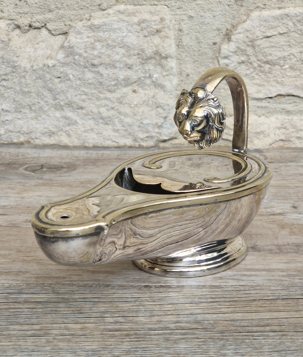 Antique Victorian Silver Plated Spoon Warmer Brass Oil Lamp Style Lion Mask Handle