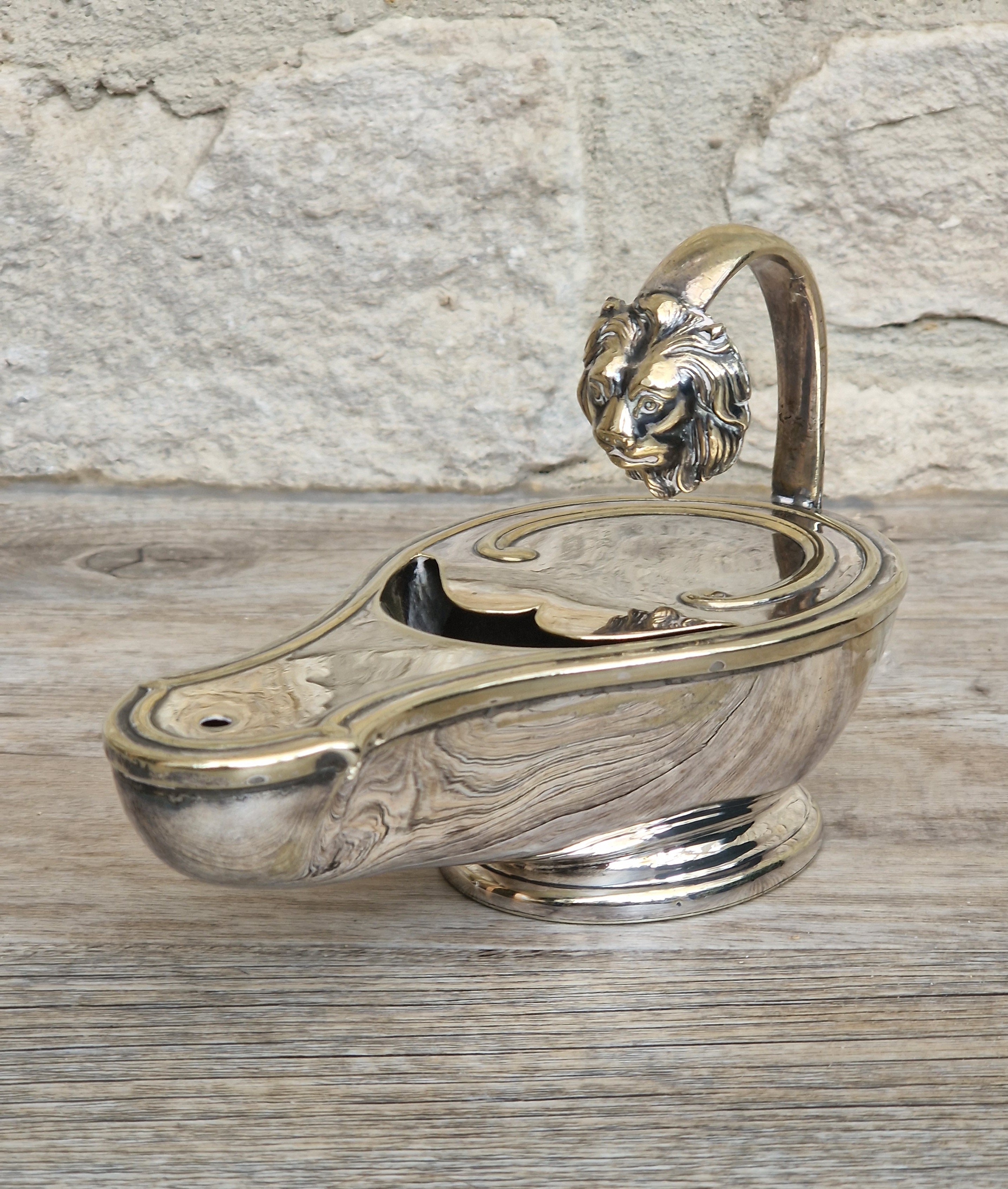 Antique Victorian Silver Plated Spoon Warmer Brass Oil Lamp Style Lion Mask Handle