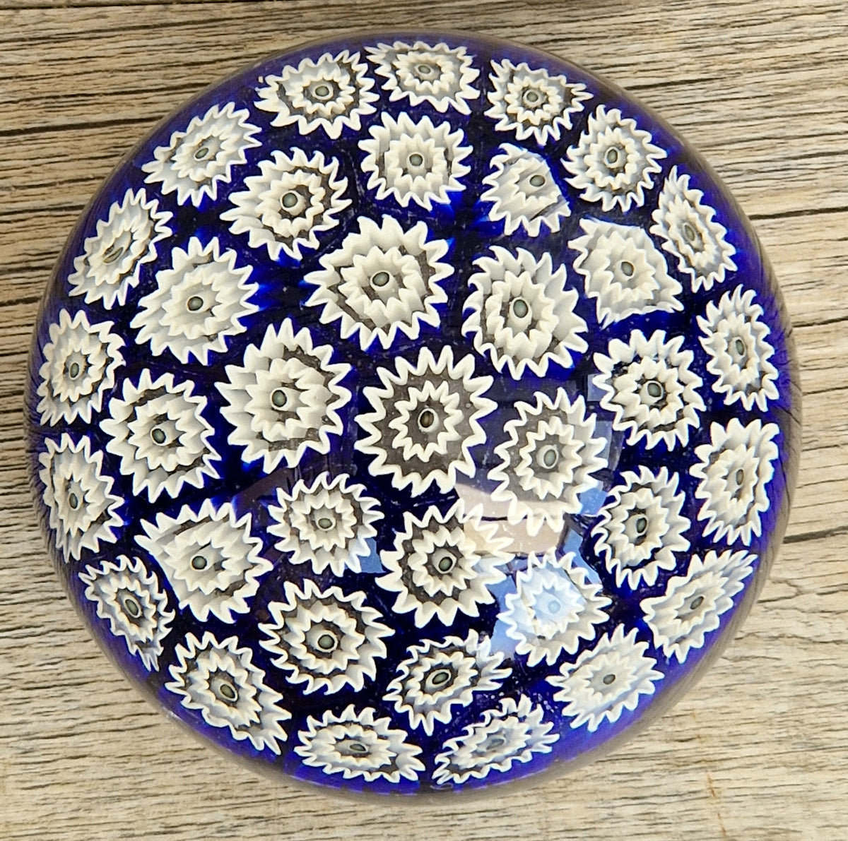 ALT Studio Murano Glass Deep Blue & White Star Flower Millifiore Paperweight