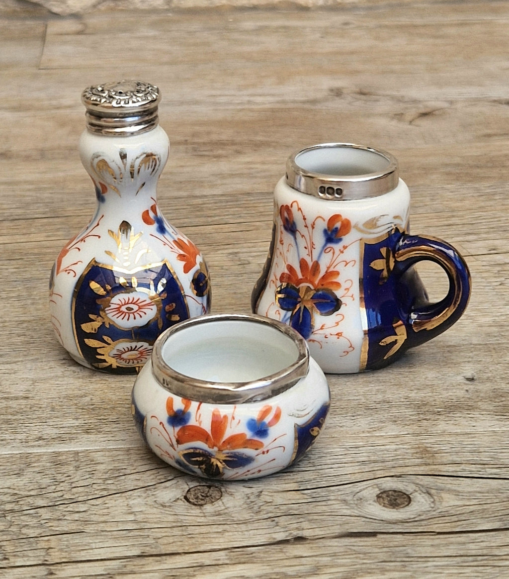 Antique 1904 London Sterling Silver Imari Cruet Set Salt Pepper Mustard Pot Victorian Condiment