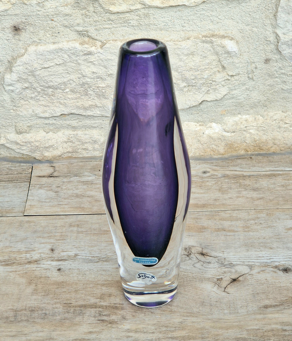 Vintage Smålandshyttan Sweden Amethyst Glass Vase Josef Schott Double Label Mid Century 20cm
