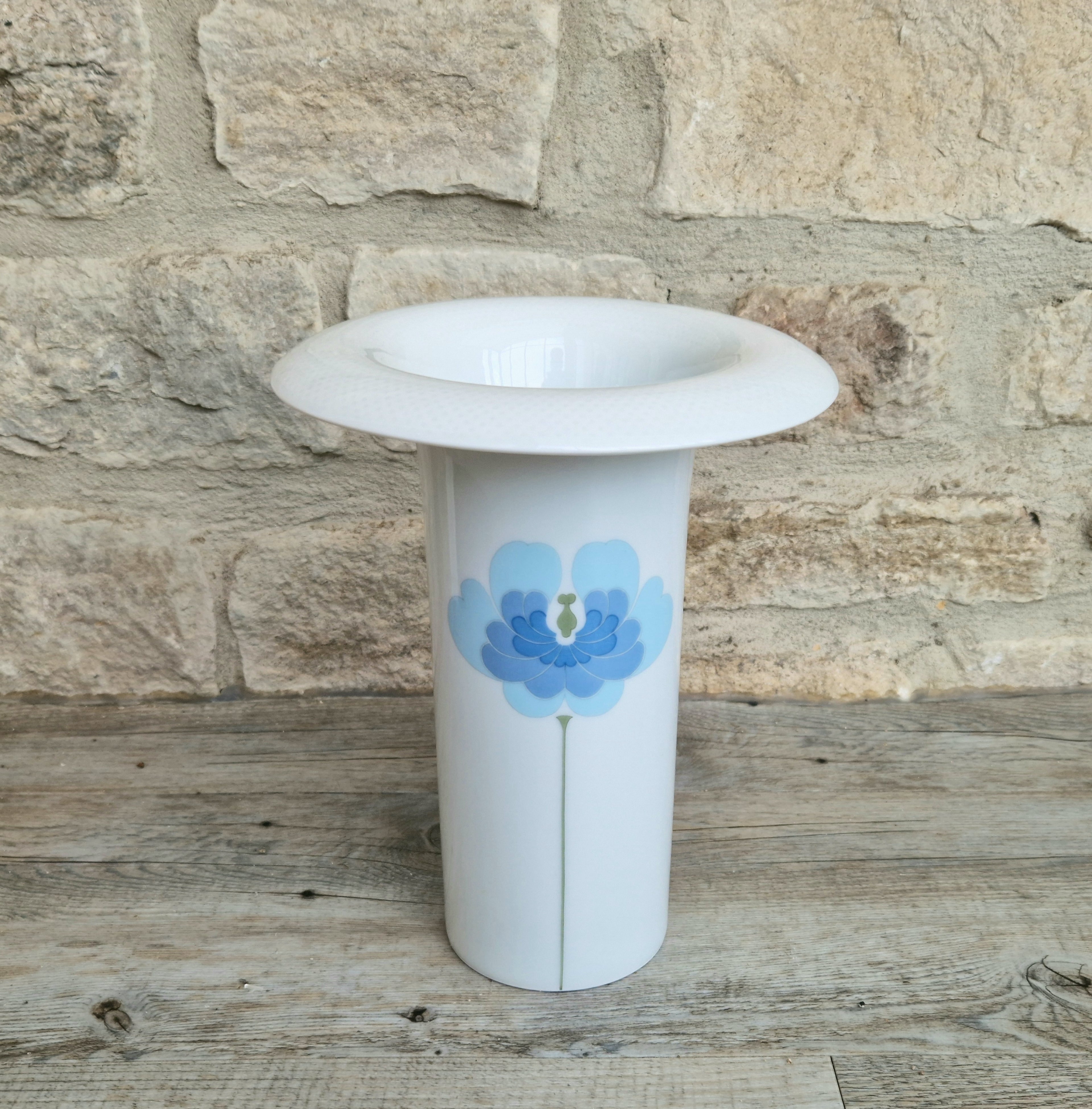 Vintage Rosenthal Studio Line Vase: Tapio Wirkkala White Porcelain with Blue Flower