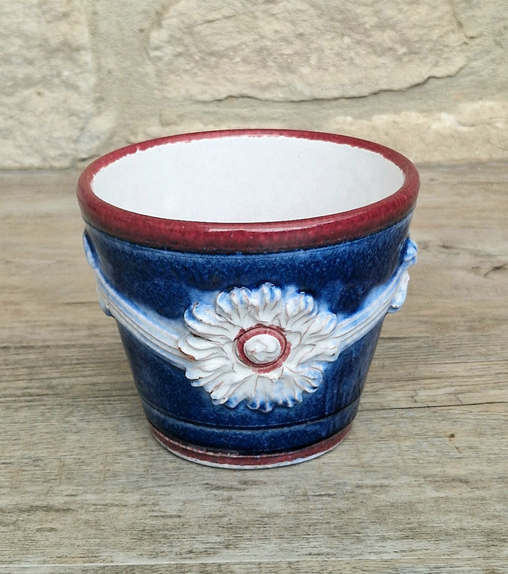 Italian Majolica Ceramic Blue & Red Floral Planter Vase Vintage