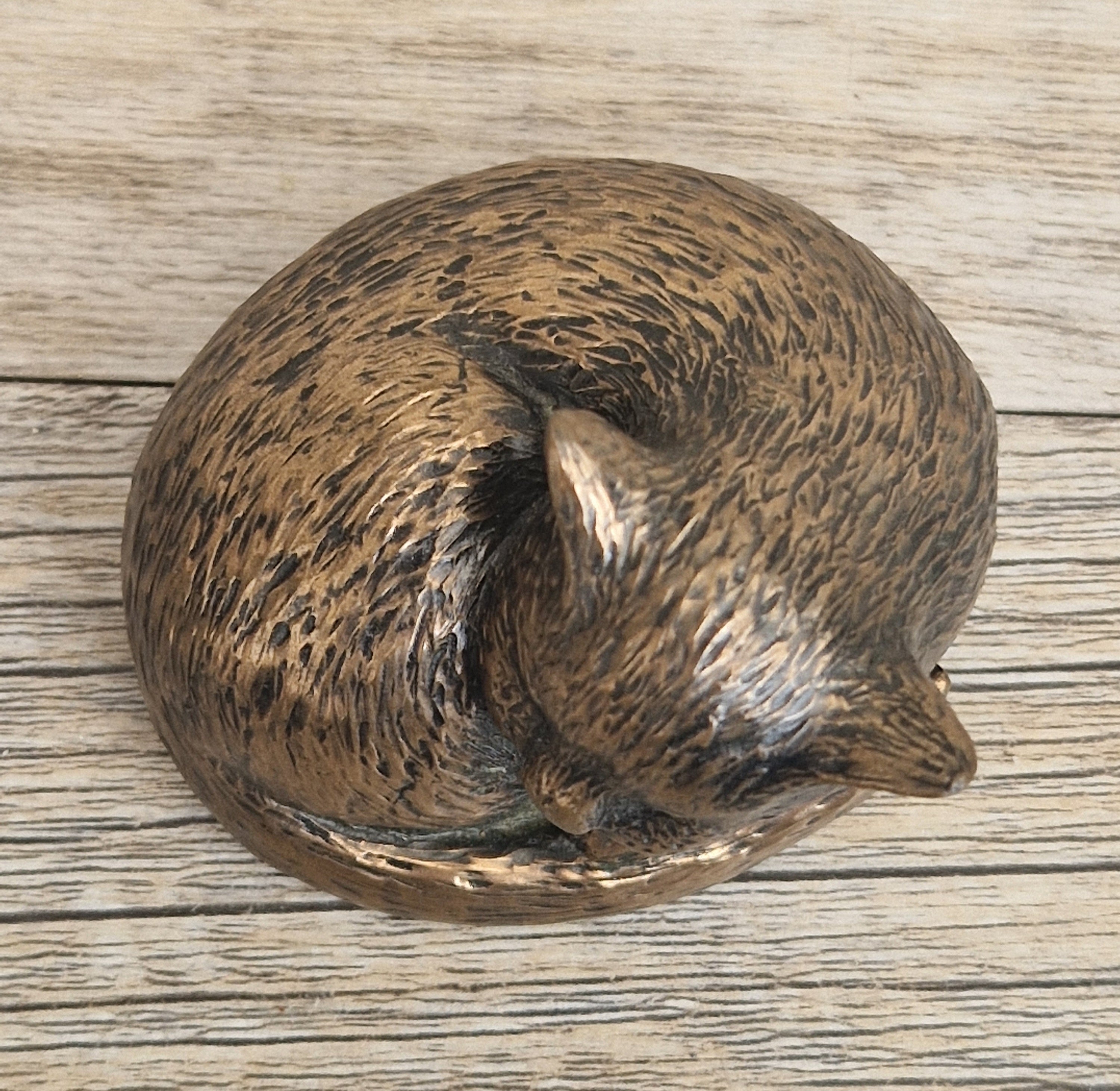 Cat Cold Cast Bronze Resin Curled Licking Figure Vintage Ornament