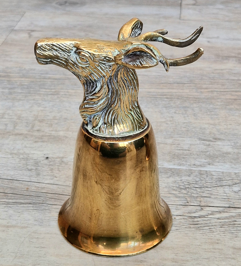Pair Vintage Brass Stag Stirrup Cups Silver Plated Interiors Naturally Patinated Hunting Barware 1970s