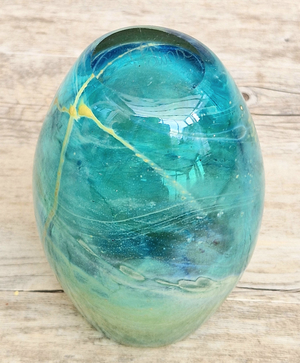 Vintage Mdina Maltese Art Glass Tiger Vase 16cm Signed Mid Century Blue Green 1kg