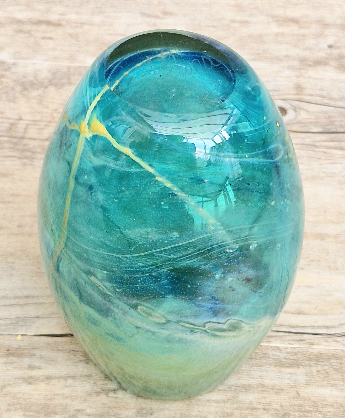 Vintage Mdina Maltese Art Glass Tiger Vase 16cm Signed Mid Century Blue Green 1kg