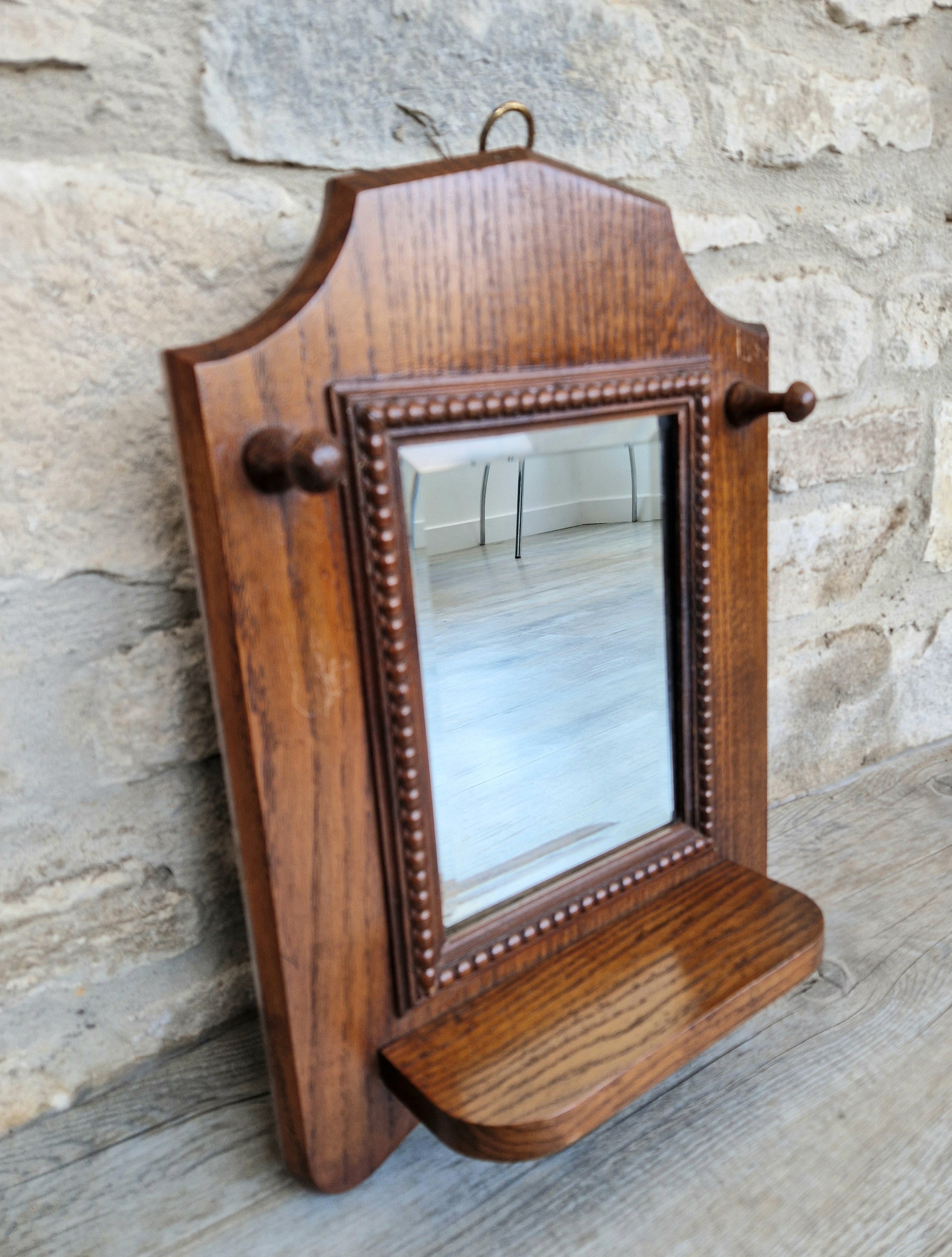 English Oak Arts & Crafts Wall Mirror Bevelled And Beaded Antique Mirror With Shelf And Hooks