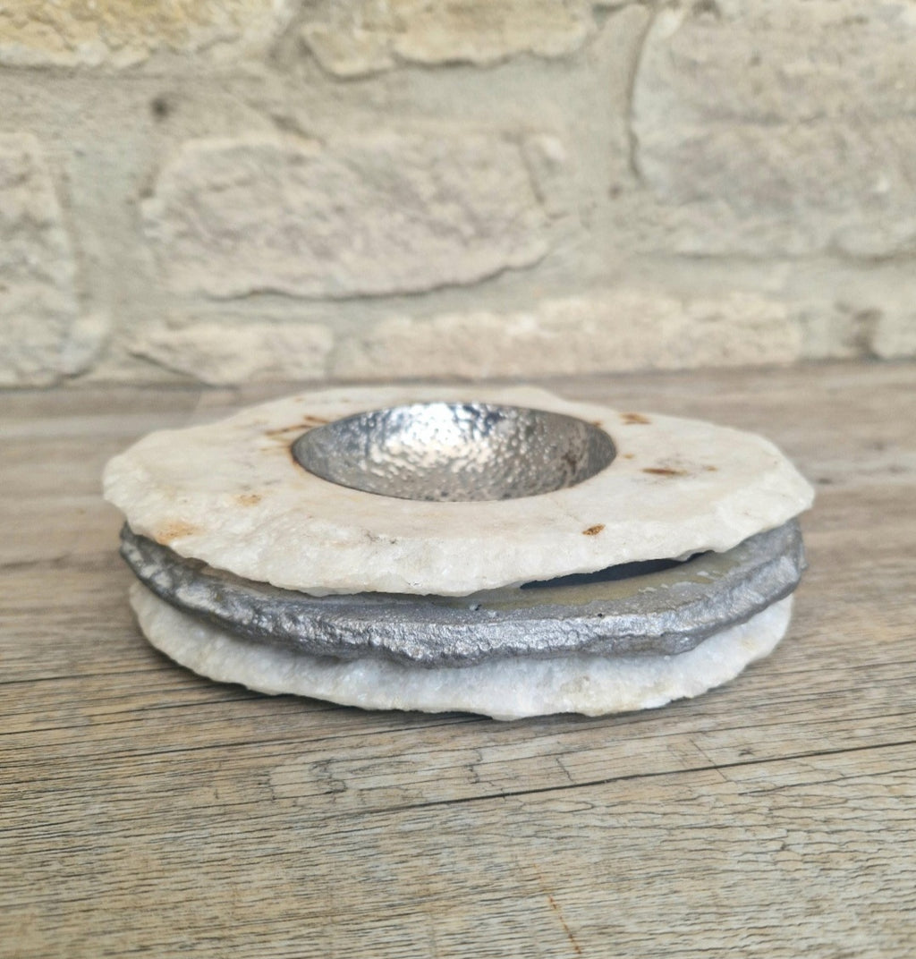 Alabaster & White Metal Vide Poche Catch-All Bowl Handmade Vintage