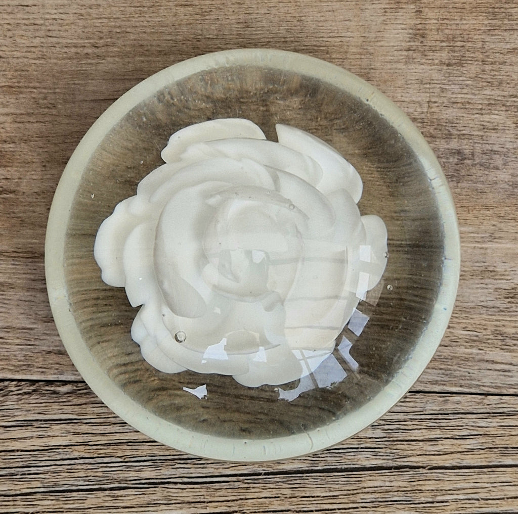 Vintage White Rose Lenticular Glass Paperweight