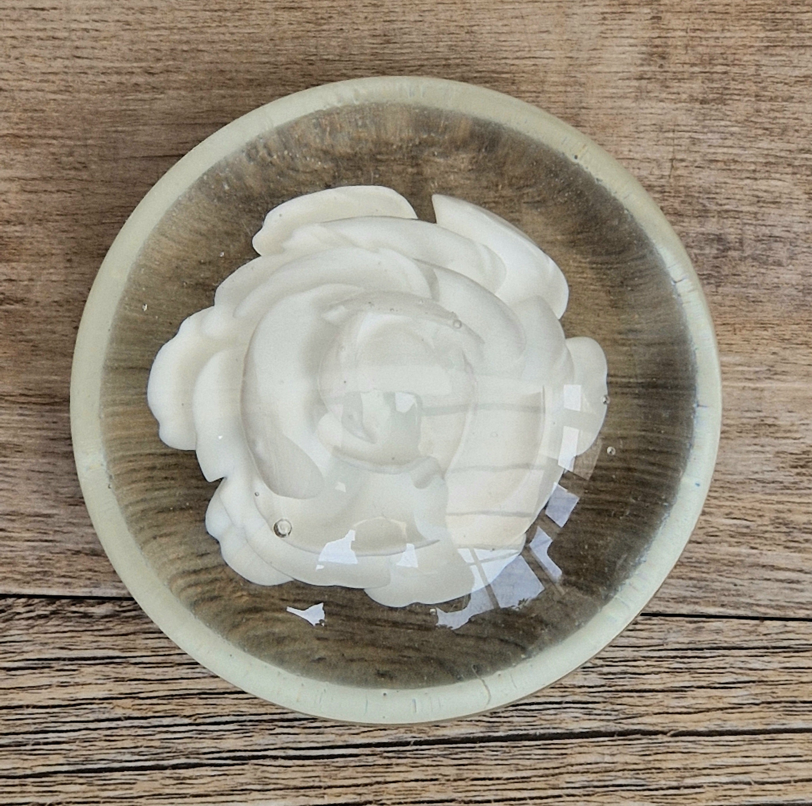 Vintage White Rose Lenticular Glass Paperweight