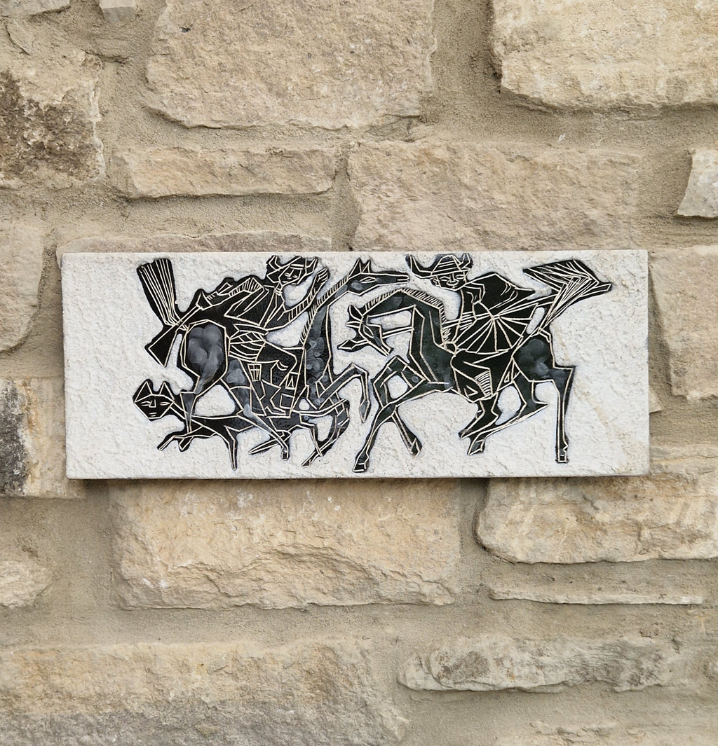 Mid-Century Italian Ceramic Art Plaque Warriors On Horseback Glazed Textured Art