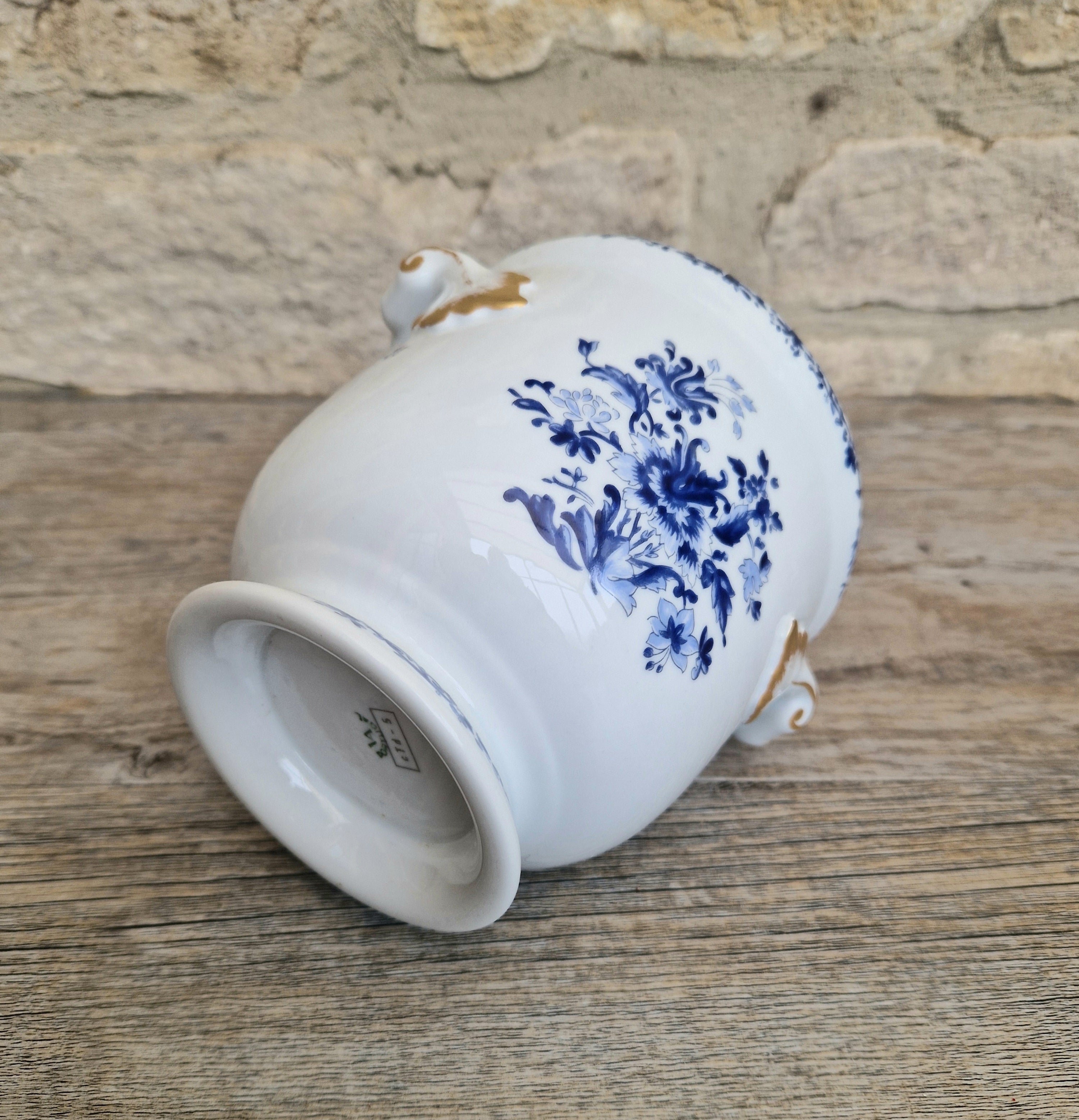 Vintage Vista Alegre Portugal Porcelain Plant Pot Round Planter / Jardinere, Blue & White