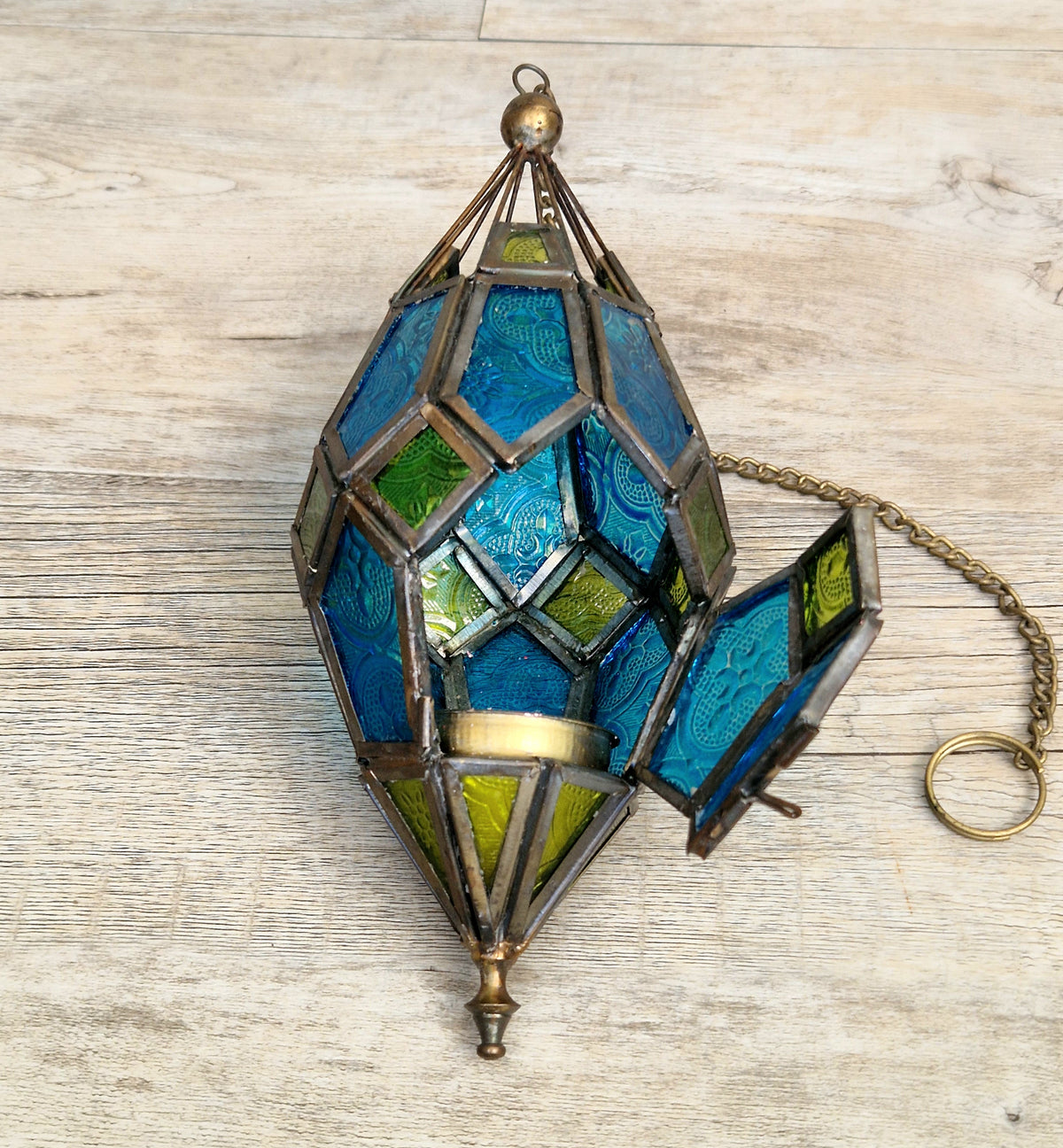 Vintage Moroccan Style Hanging Candle Lantern Multicoloured Moulded Glass Panels Metal Frame Bohemian Decor