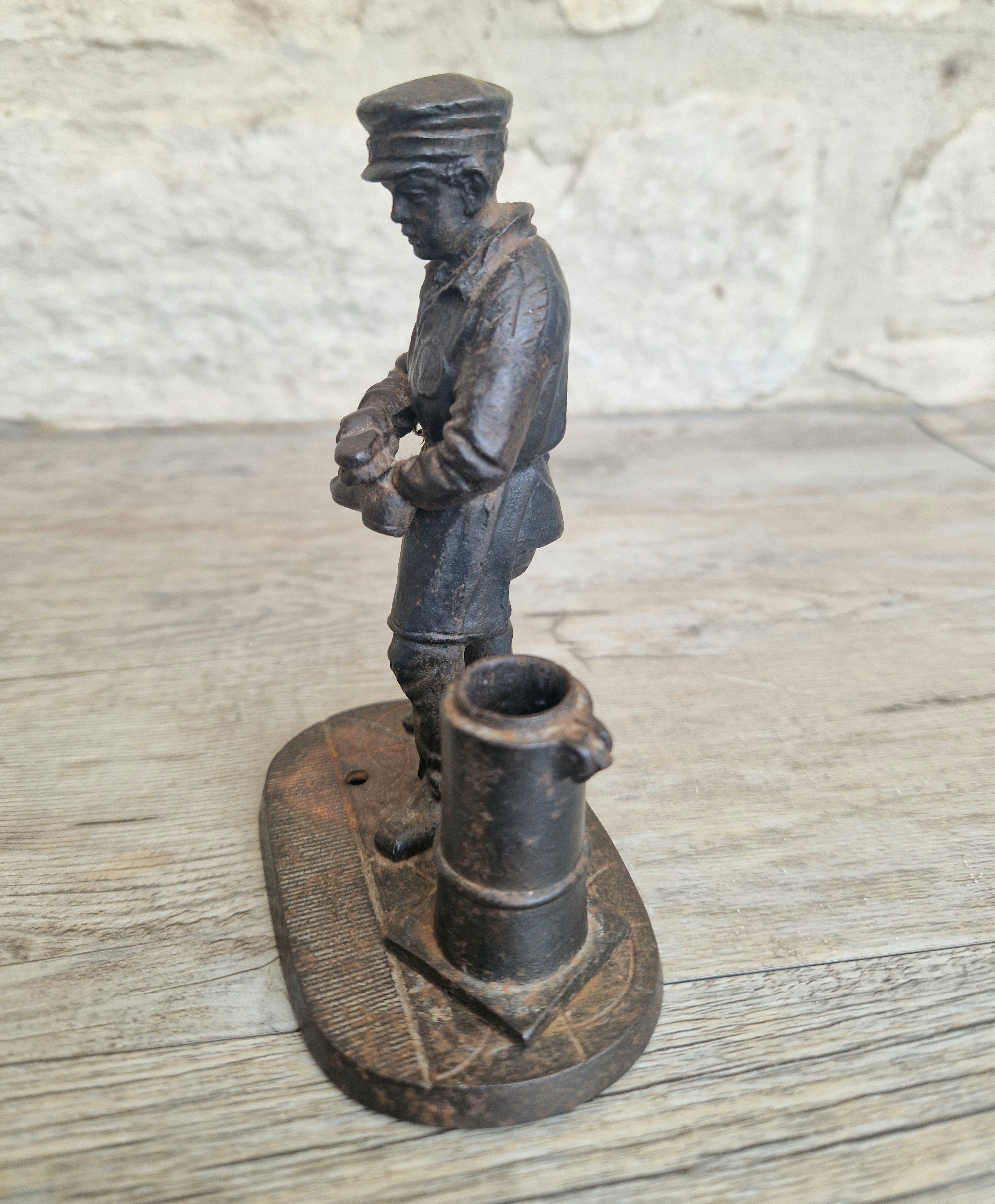 Rare Antique E.G. Zimmermann Hanau Cast Iron Shoeshine Boy Figural Table Match Holder & Striker