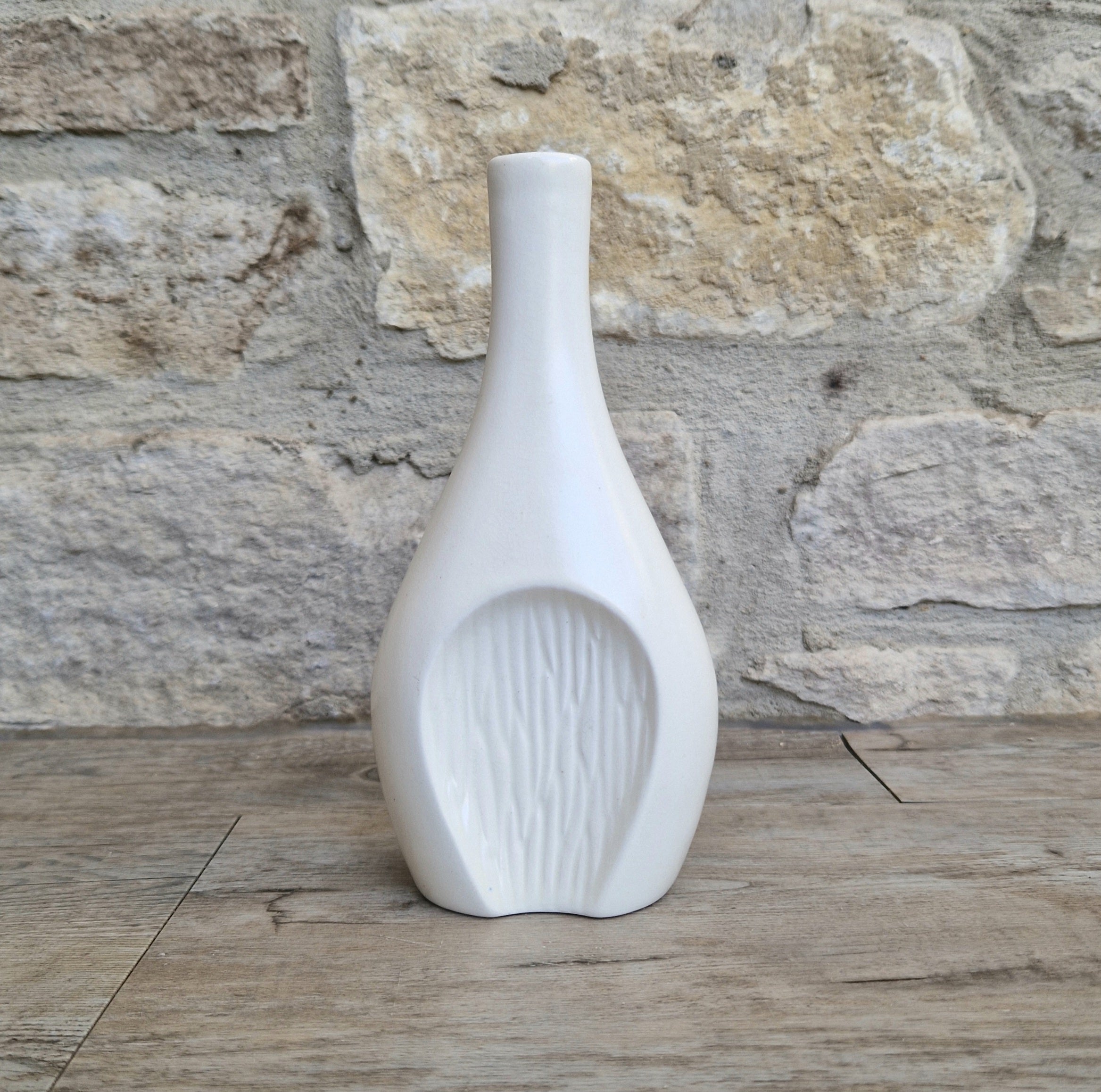 Fulham Pottery White Vase Satin Glaze Textured Cut Away Design Stem Vase Vintage