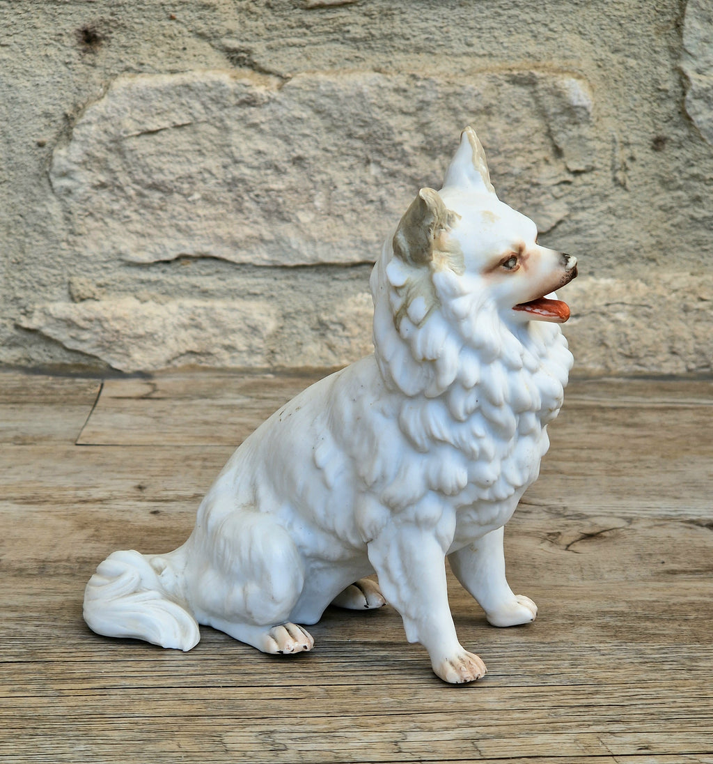 Antique Heubach Bisque Sitting Panting Spitz Dog: German Figure, Circa 1864-1880