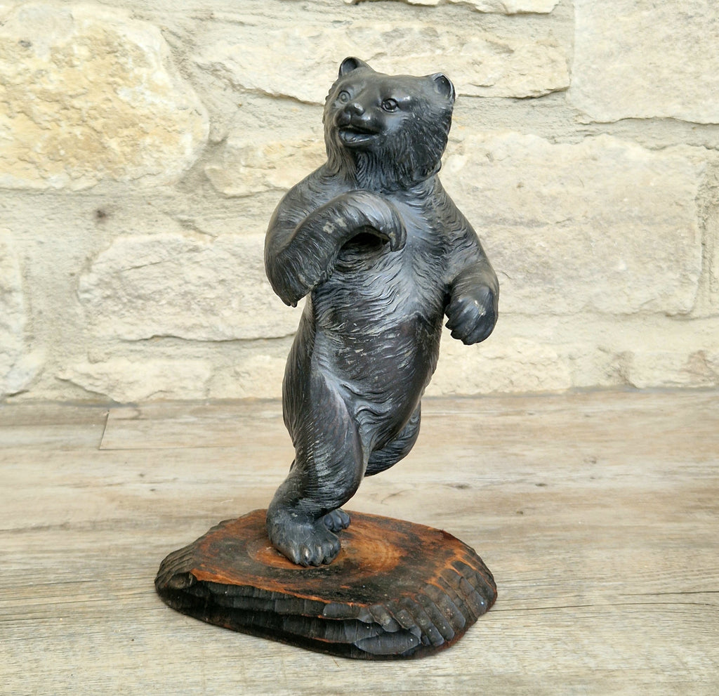Cast Spelter Standing Bear Sculpture On Rustic Wood Base Rare Antique Art Deco