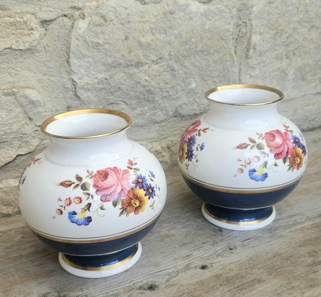 English Pair Mantle Vases Hand Painted Bone China Floral Caverswall Stoke on Trent England 11cm