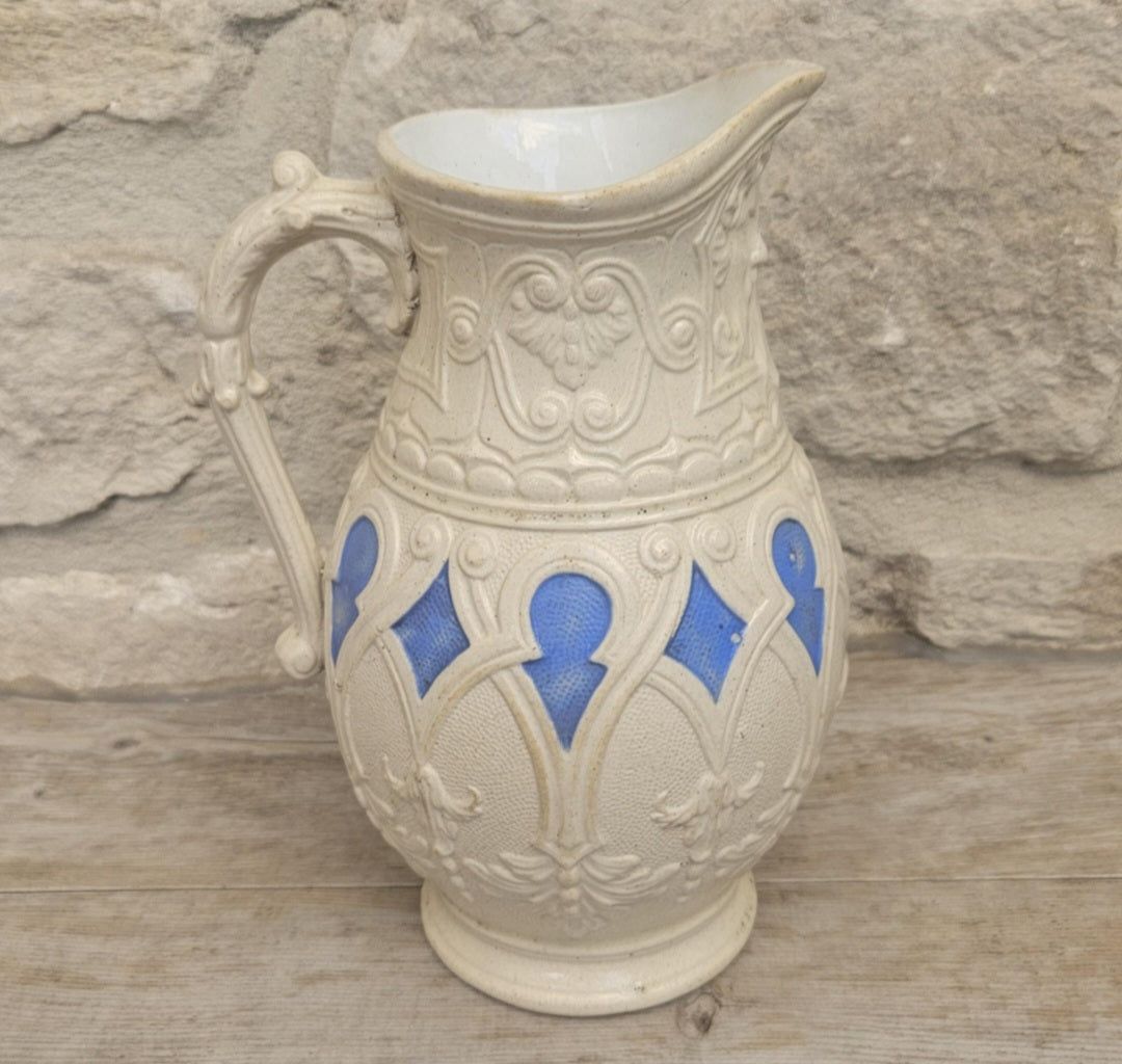 Antique Victorian Parian Ware Jug Blue Cream Pitcher Decorative Aesthetic Movement Collectible Cottage Decor