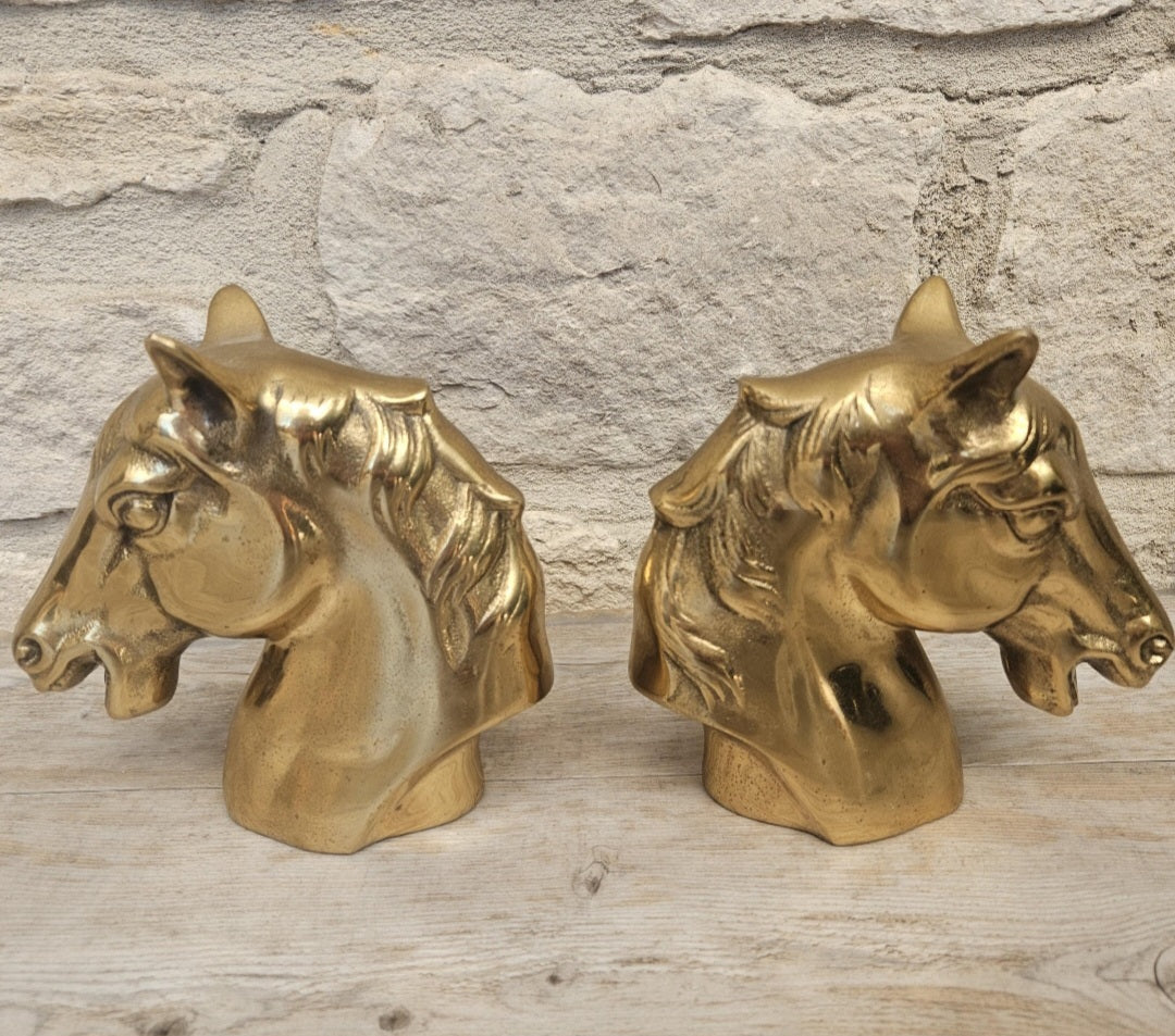 Mid Century Brass Horse Head Bookends Pair Hollywood Regency Equestrian Decor Vintage Shelf Accent