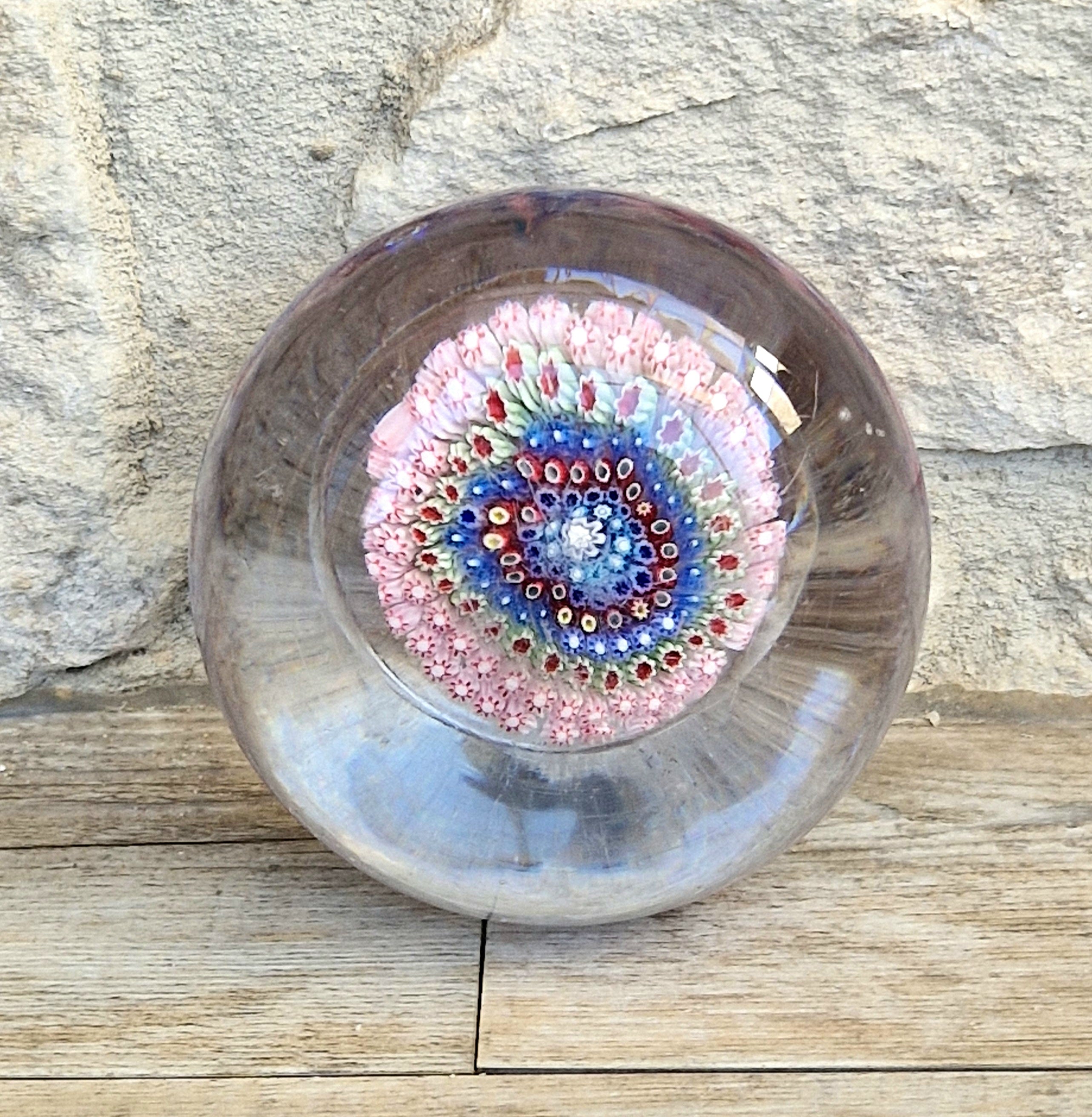Old English Richardsons Magnum Concentric Millifiore Canes Footed Glass Paperweight