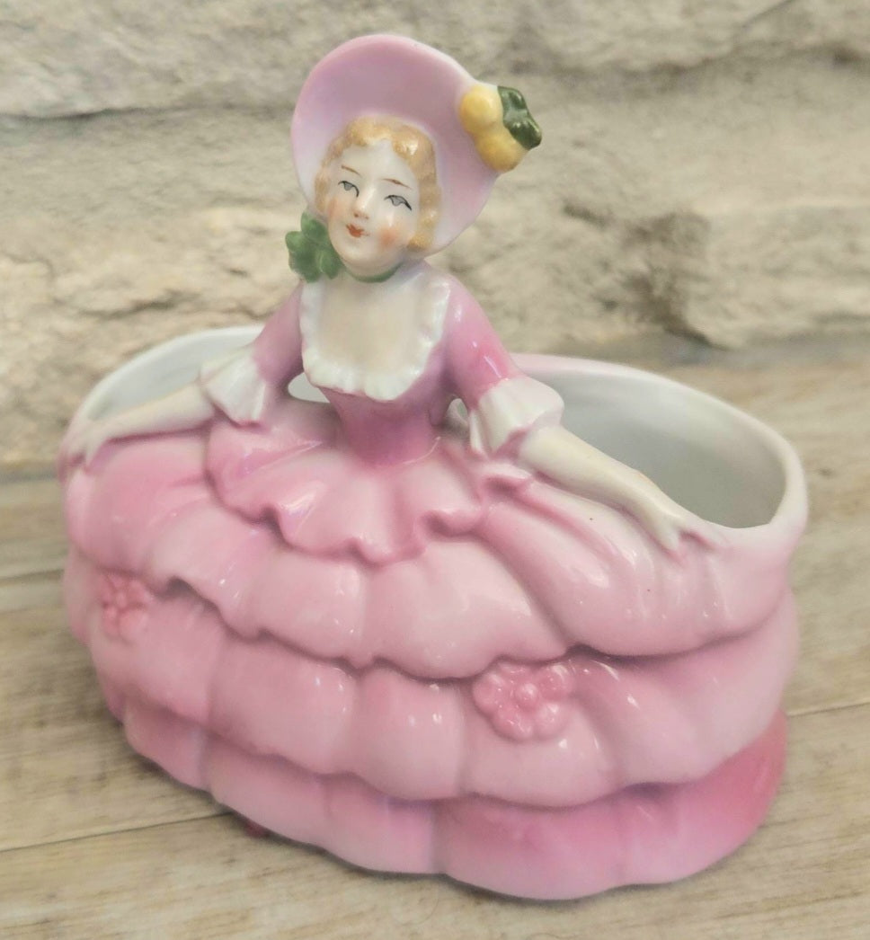 Antique Pink Lady Crinoline Dress Victorian Era Porcelain Dressing Table Decor Boudoir Figurine