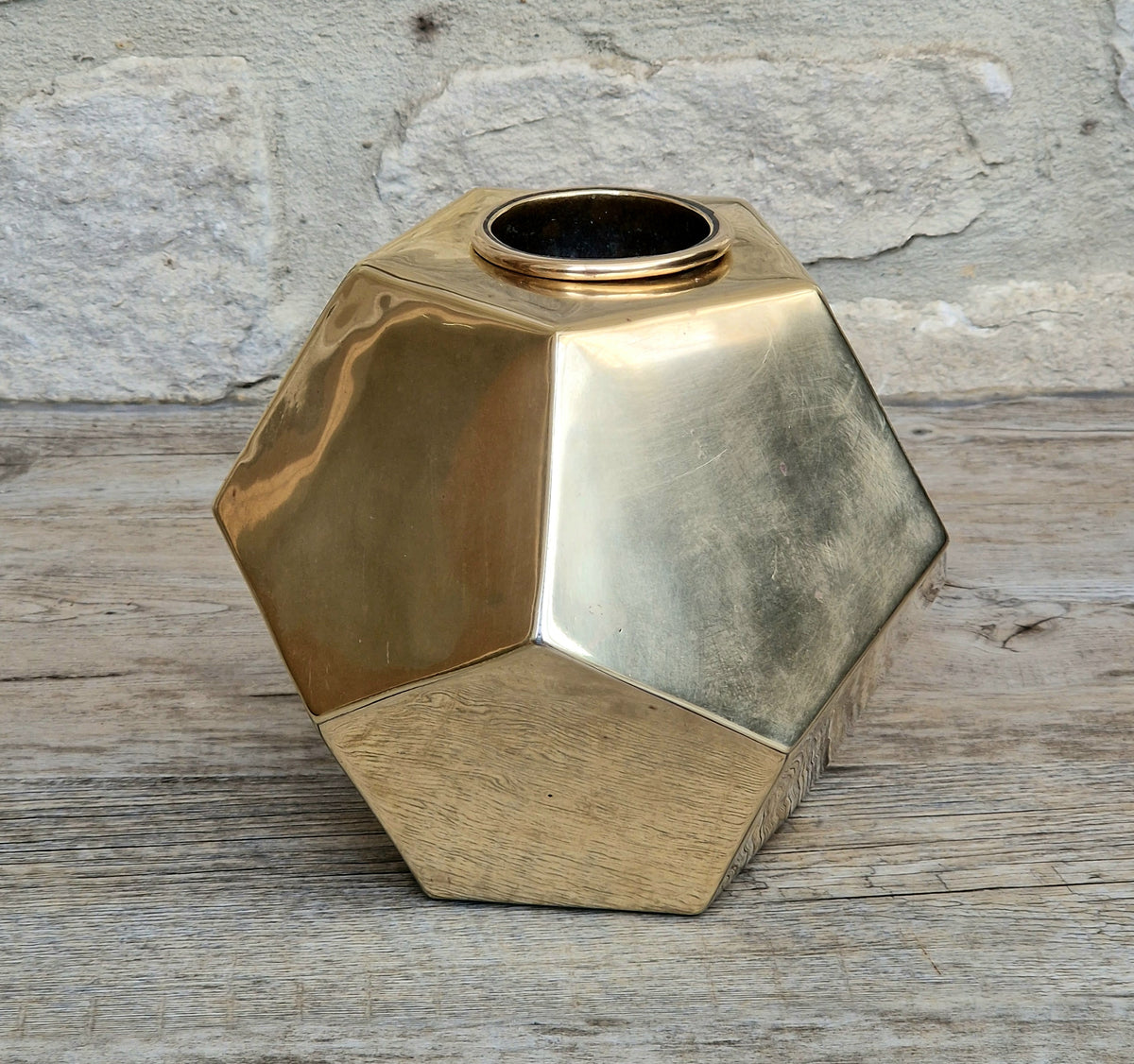 Antique Geometric Brass Dodecahedron Vase Secessionist Jugendstil Planter With Copper Removable Insert Liner