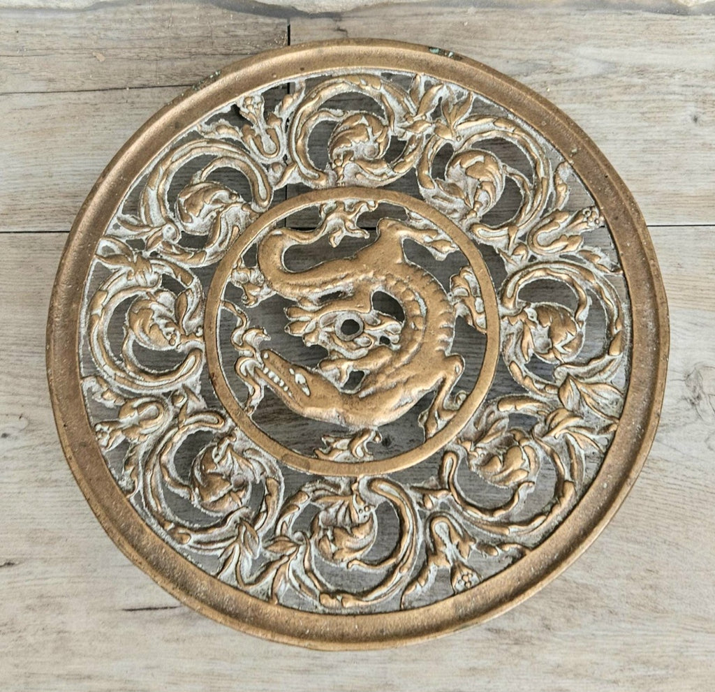Vintage Filligree Ornate Brass Dragon Round Trivet Stand 20cm Diameter