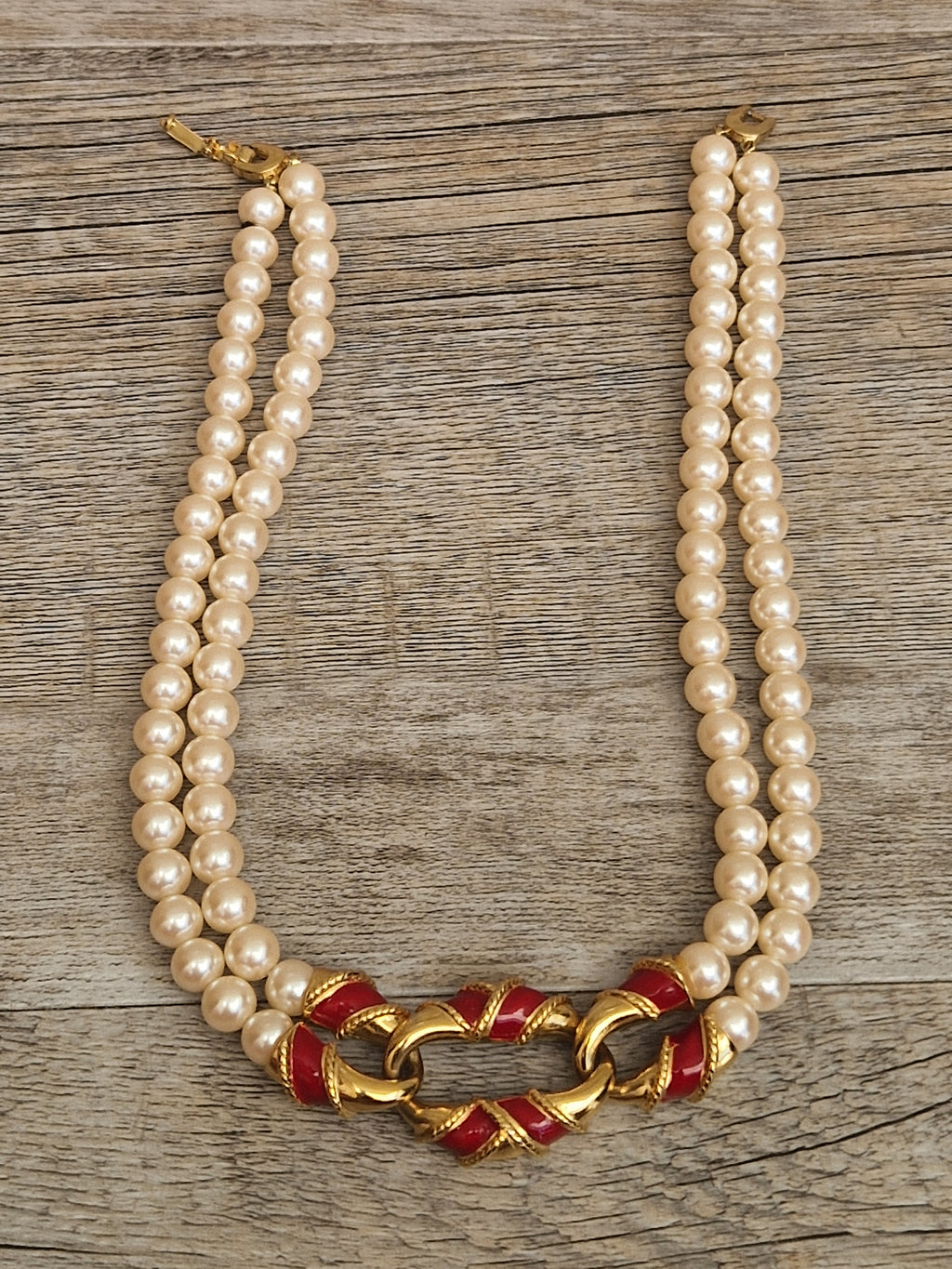 Vintage Double Strand Faux Pearl Necklace with bold gold and red enamel Statement Embellished Richelieu 40cm