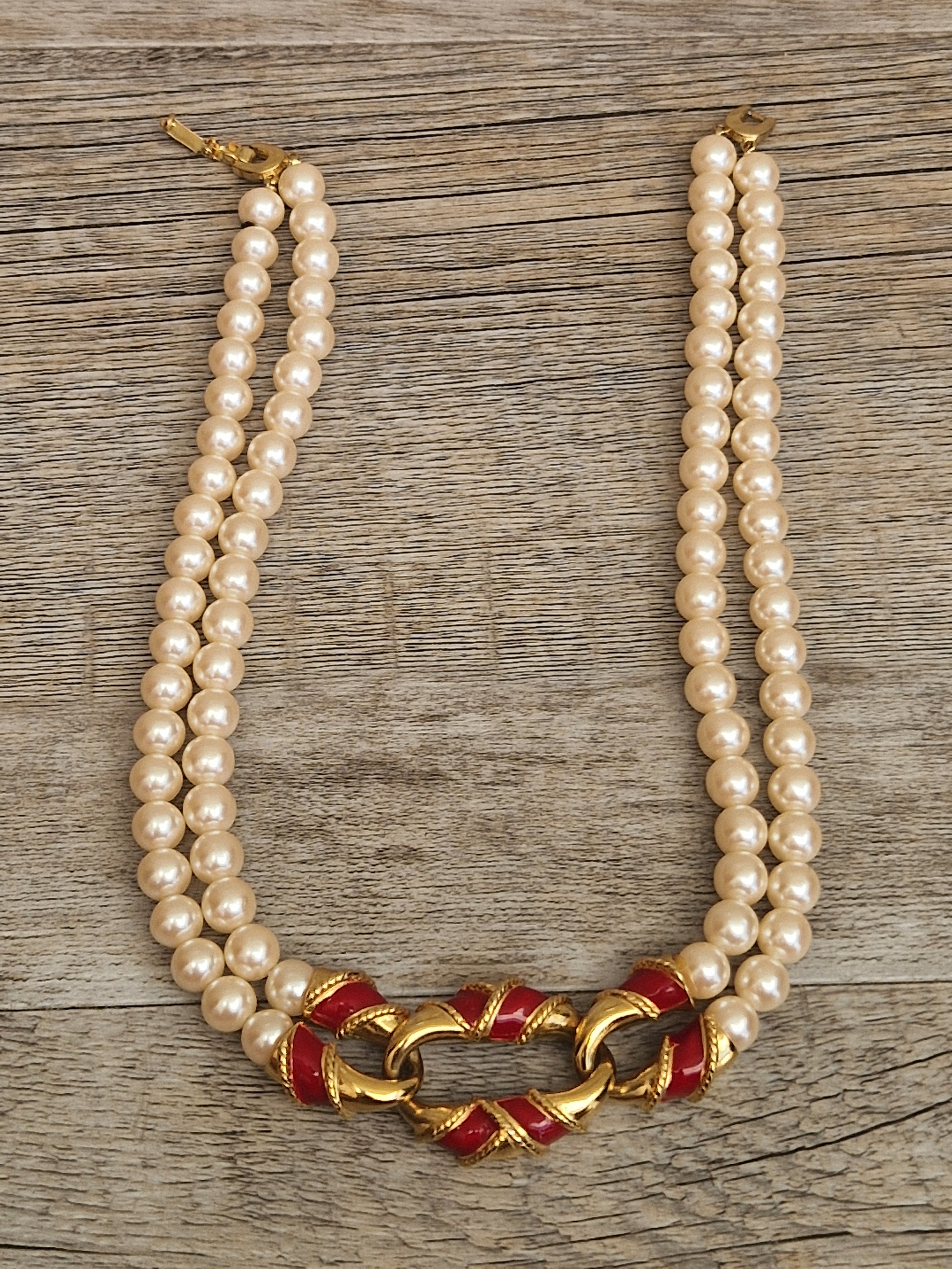 Vintage Double Strand Faux Pearl Necklace with bold gold and red enamel Statement Embellished Richelieu 40cm