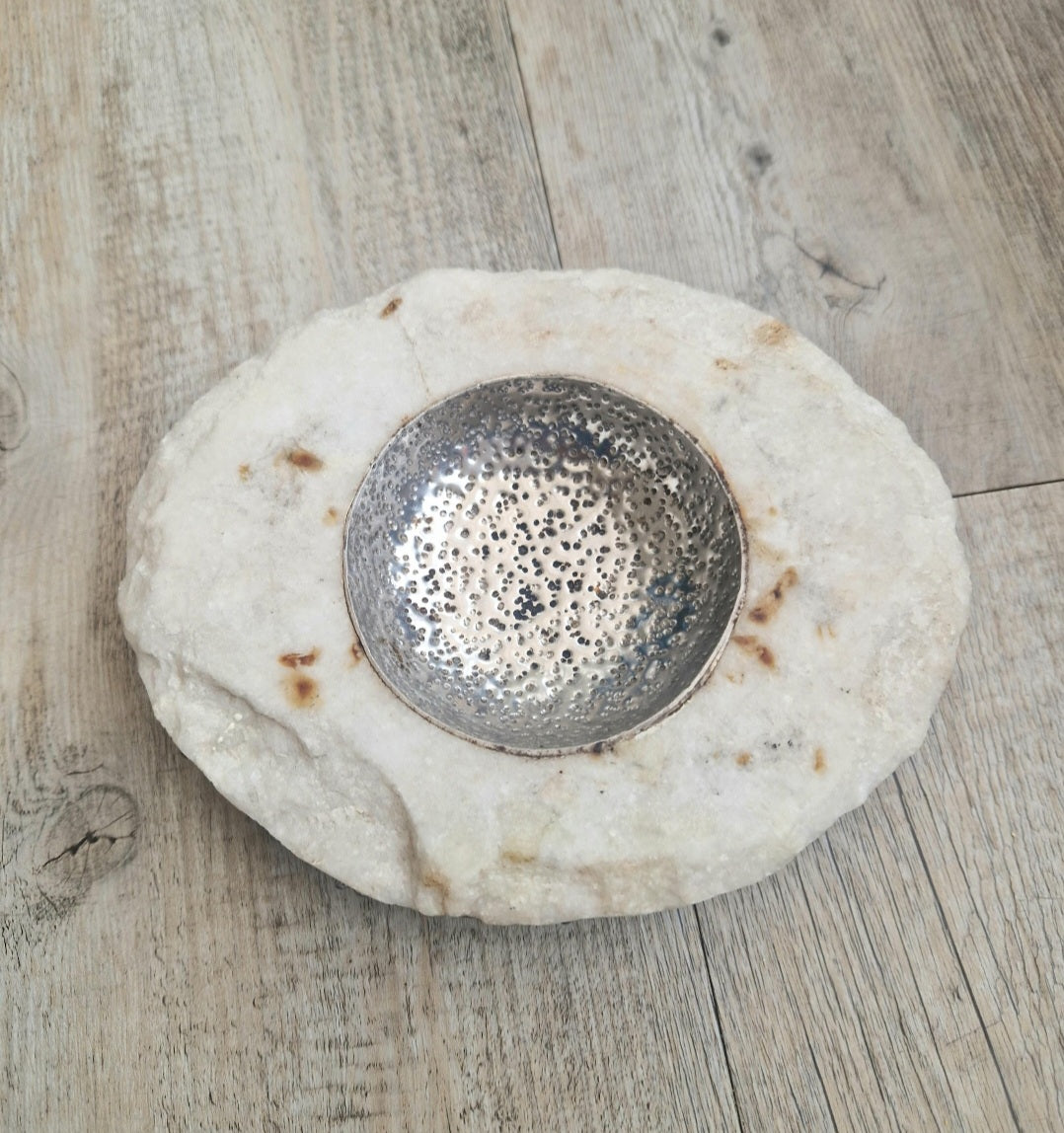 Alabaster & White Metal Vide Poche Catch-All Bowl Handmade Vintage