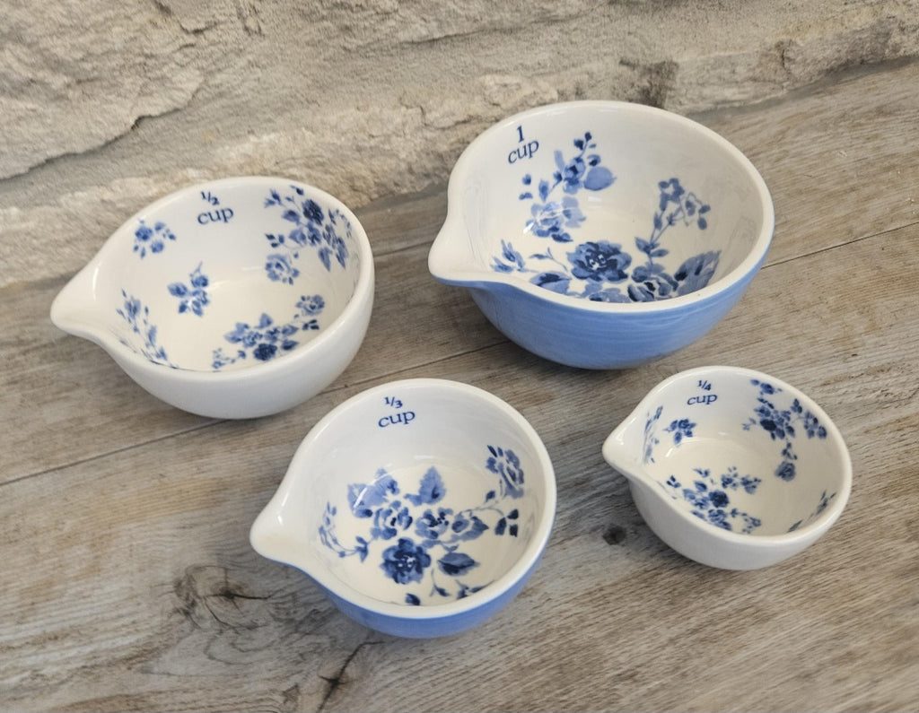 Laura Ashley Ceramics Measuring Cups Petite Fleur Blue White Floral Nesting Set x4 Kitchen