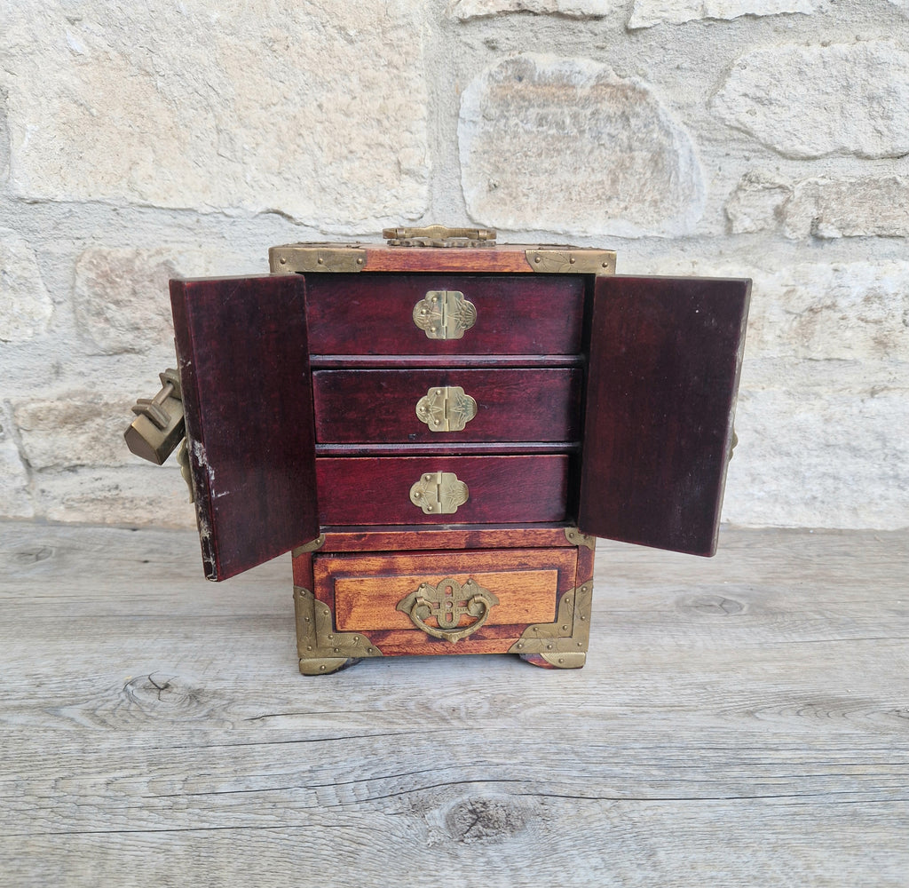 Vintage Hardwood Brass Bound Oriental Hand-Painted Chinoiserie Dragons Footed Jewellery Box Chest 1940s