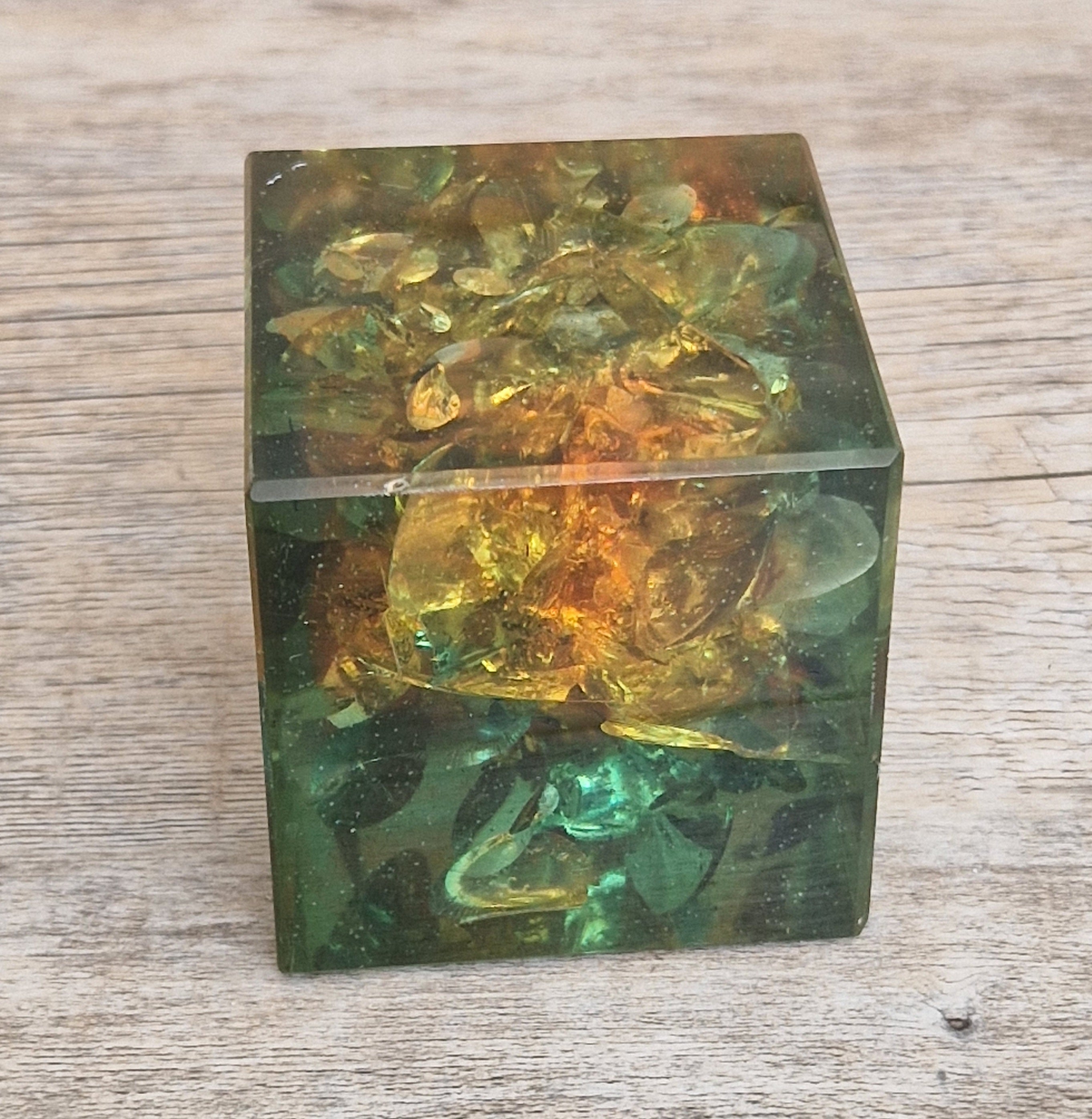 Vintage 1960s Shattaline Resin Cube Paperweight Amber Green Fractured Ice Mid Century Desk Ornament