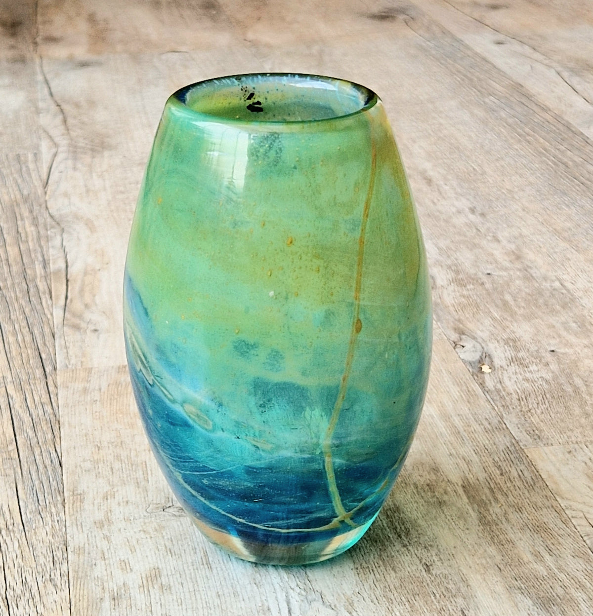 Vintage Mdina Maltese Art Glass Tiger Vase 16cm Signed Mid Century Blue Green 1kg