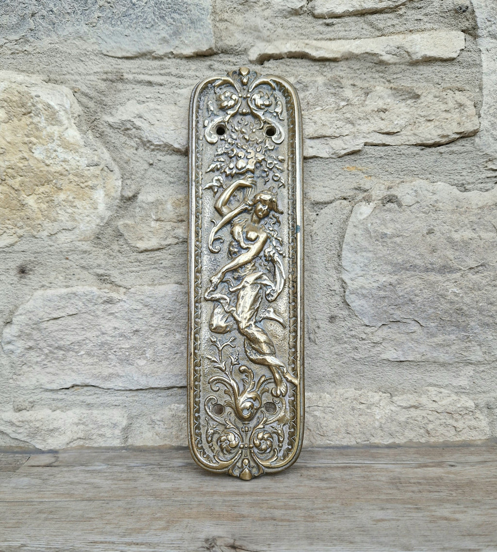 Cast Brass Art Nouveau Figural Relief Large Door Push Finger Plate Antique