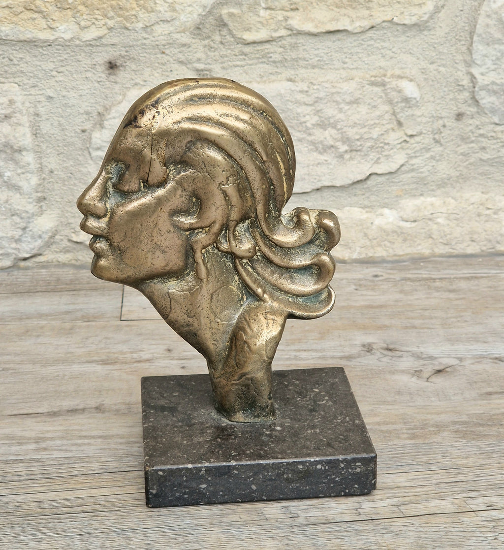 Art Deco Cast Bronze Girl's Head Profile Black Marble Mounted Desk Sculpture