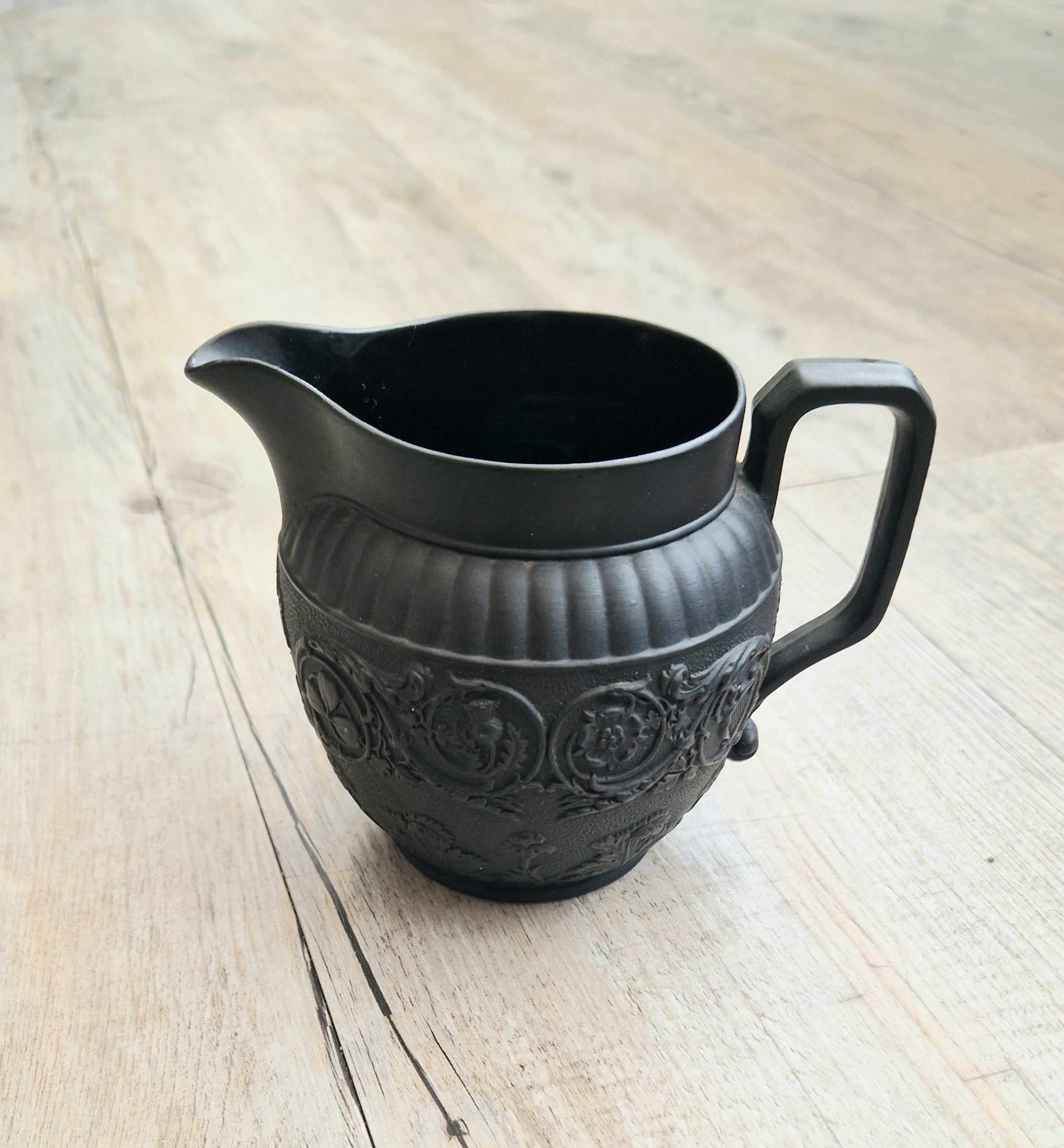 Antique Wedgwood Black Basalt Union Jug Creamer Pitcher Four Home Nations Relief Molded
