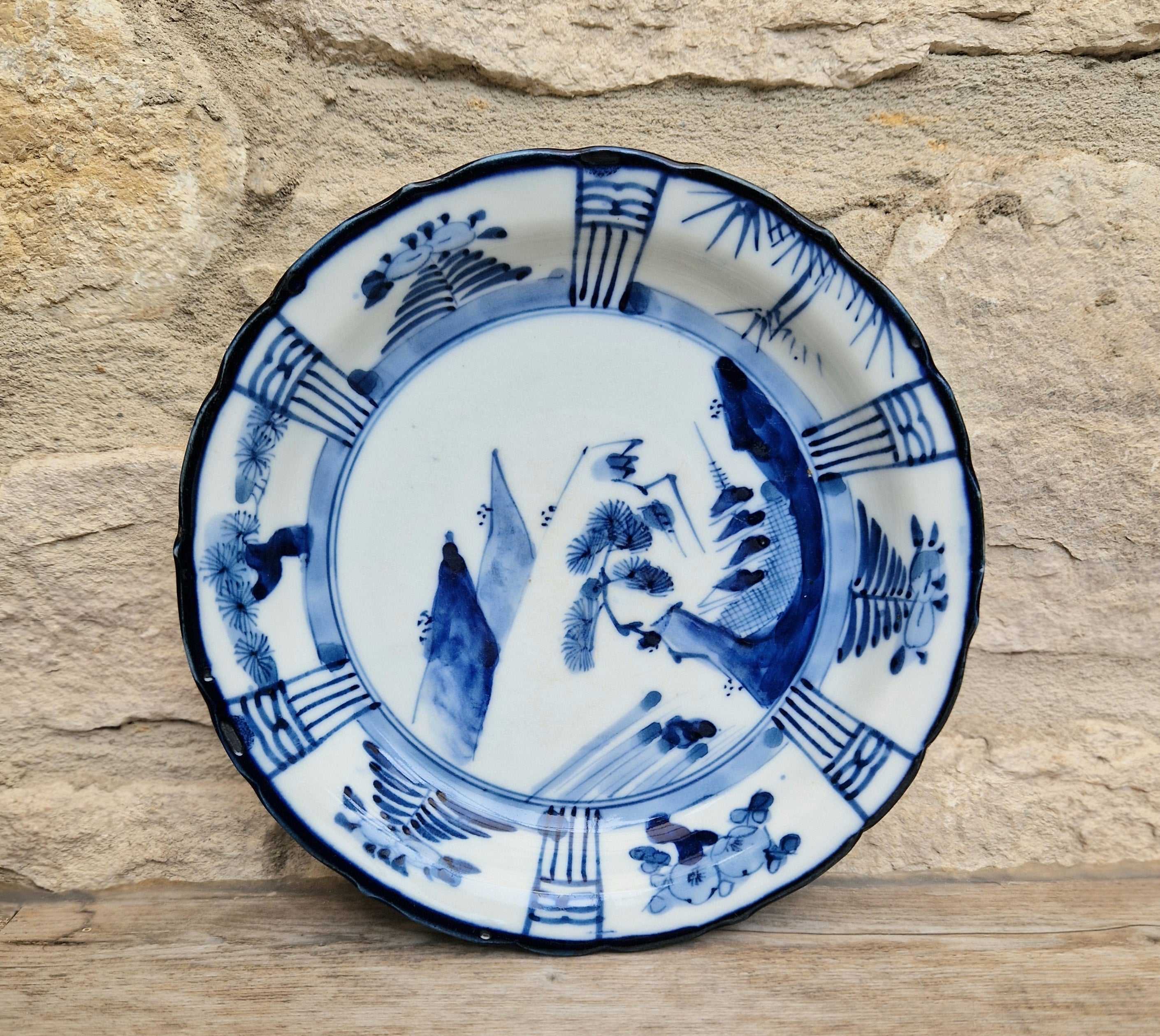Japanese Ceramic Namasu-Zara Dish Blue & White Arita Edo 'Scholar's Retreat' Kraak Style Rare Antique