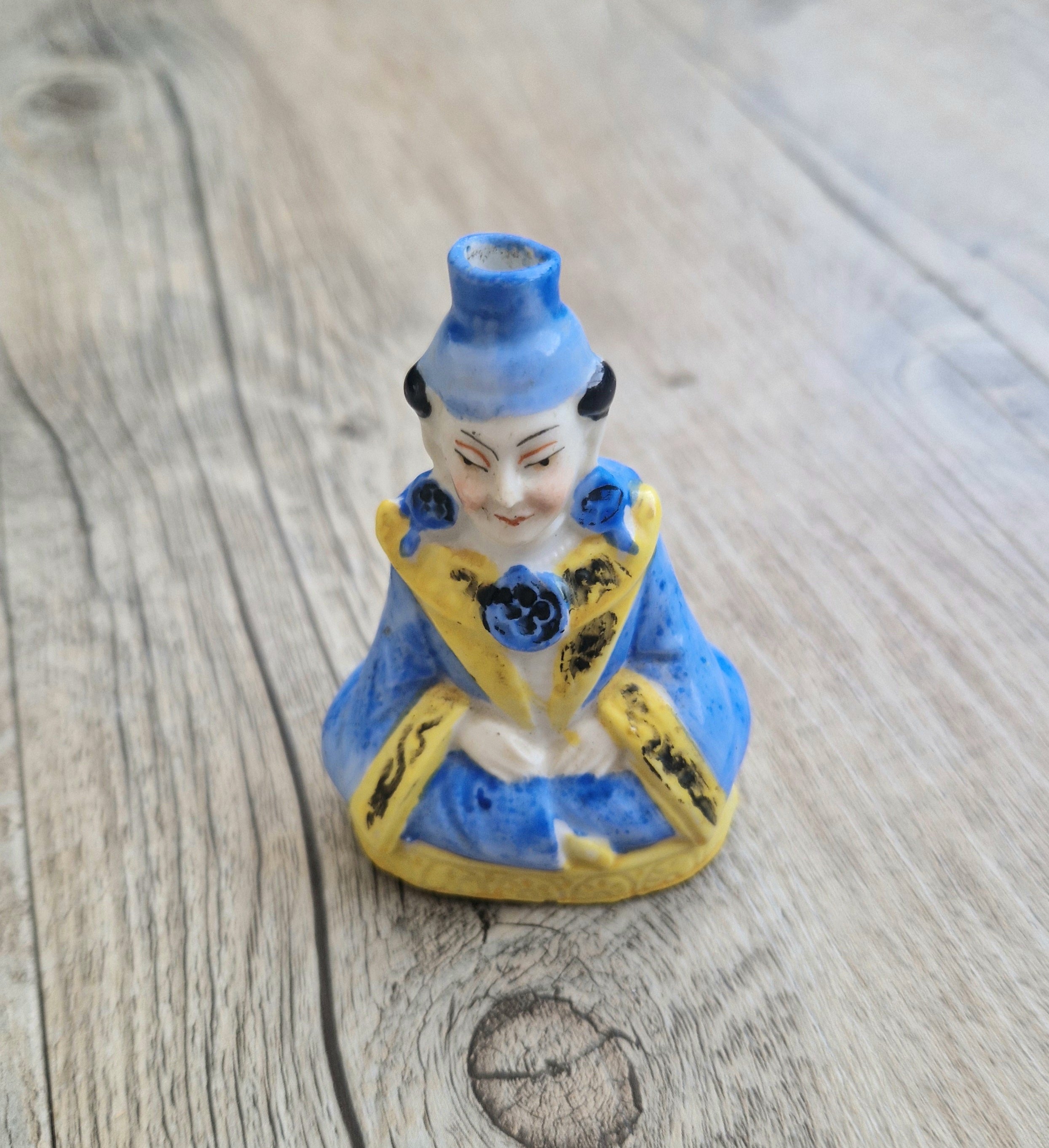 Antique Sitzendorf Ceramic Seated Figure Perfume Bottle - Missing Crown Top
