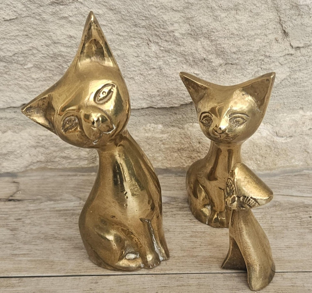 Mcm Solid Brass Cats Figures Ornaments  X3 Brass Cat Family Heavy with Patina
