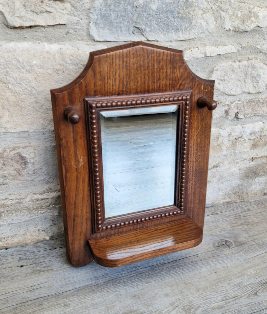 English Oak Arts & Crafts Wall Mirror Bevelled And Beaded Antique Mirror With Shelf And Hooks