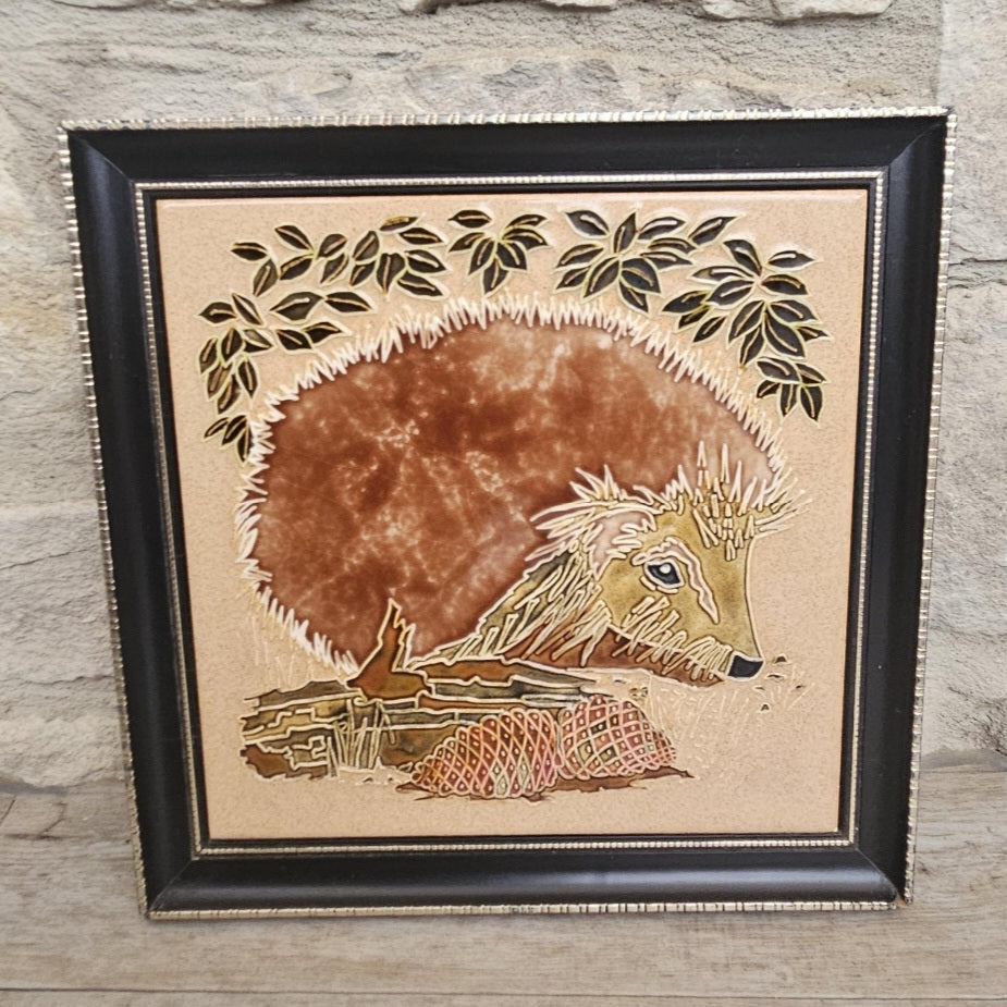 Large Framed Majolica Hedgehog Tile Wall Hanging Vintage Made in England Cottagecore Woodland Decor