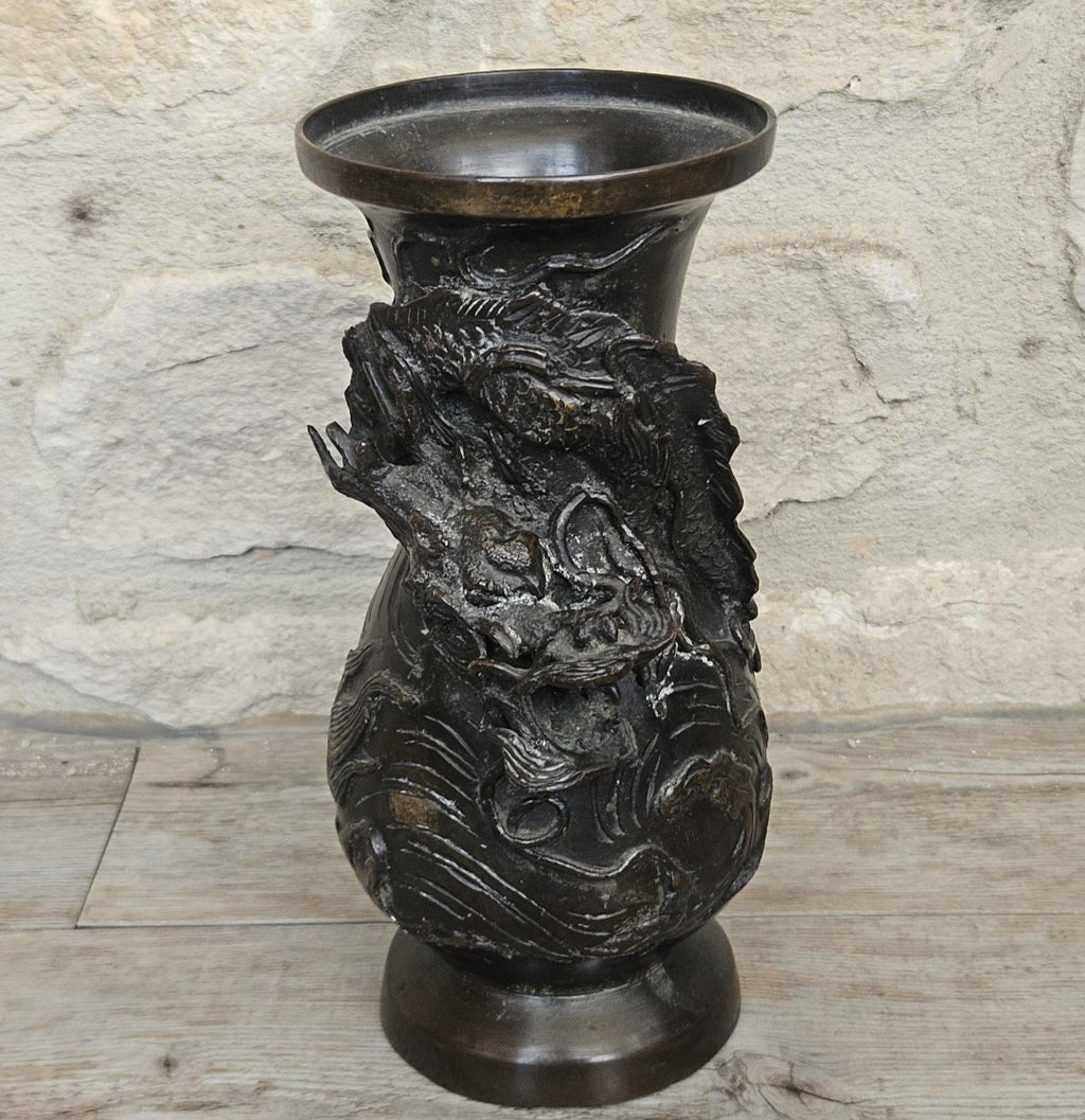 Antique Japanese Bronze Dragon Vase, Meiji Period 19th Century Asian Art Decor 18cm